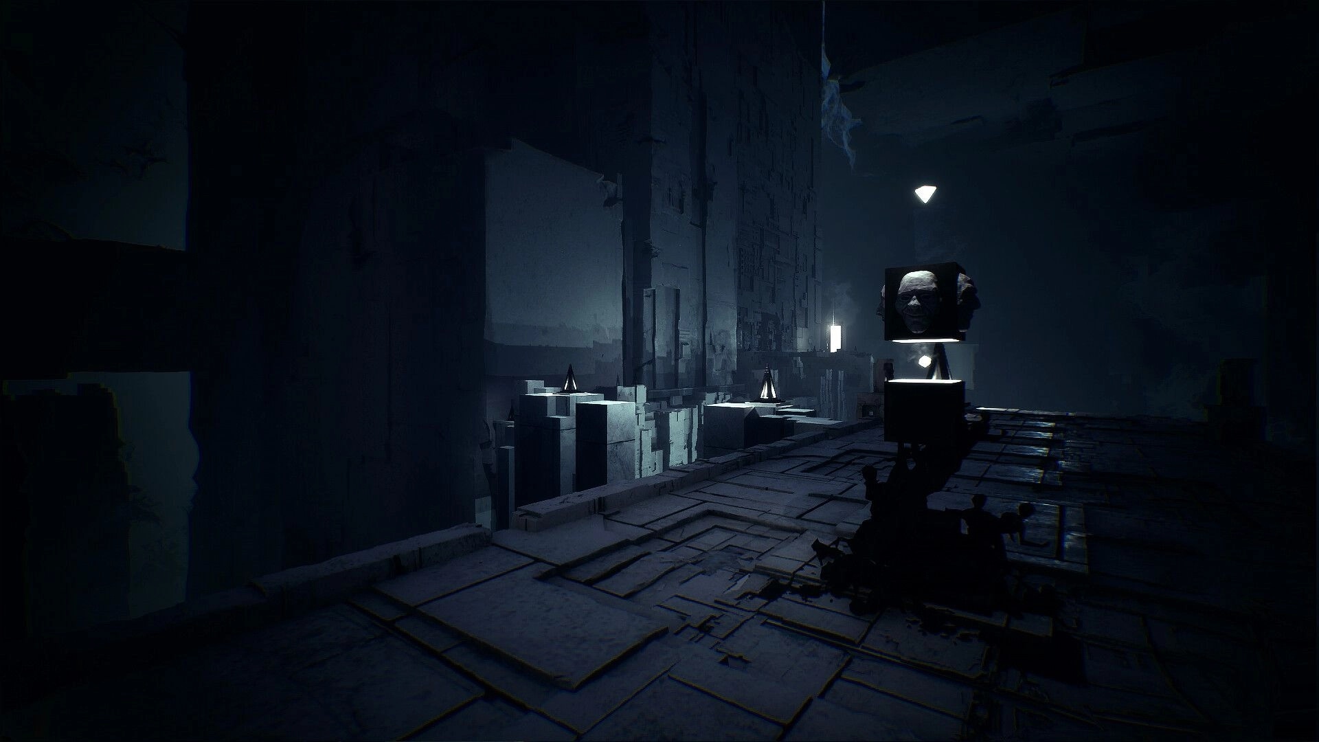 HYPNOS: First-person view of a dim stone walkway with glowing lamps and a floating face cube ahead.