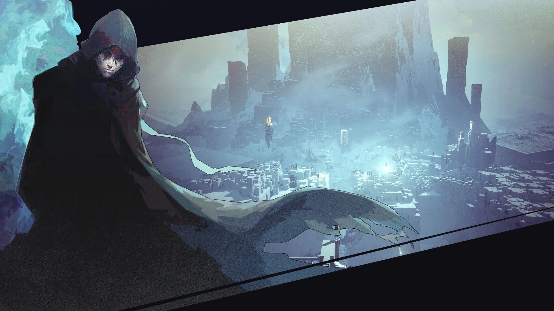 HYPNOS: Hooded figure overlooks a foggy ruined city of monoliths and glowing portals in the distance.