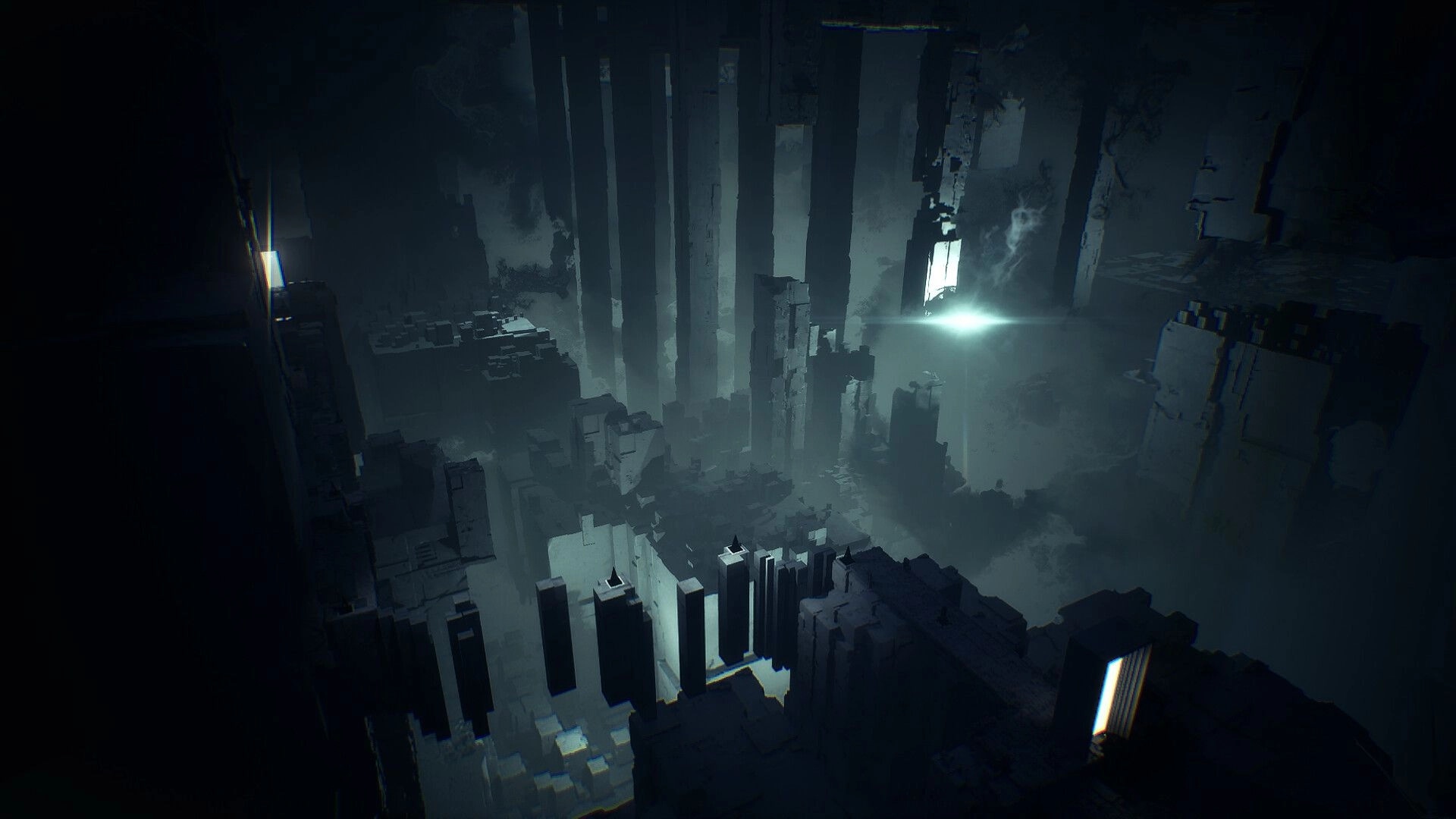 HYPNOS: First-person view over a vast foggy abyss of monolith towers, distant glowing doorway ahead.