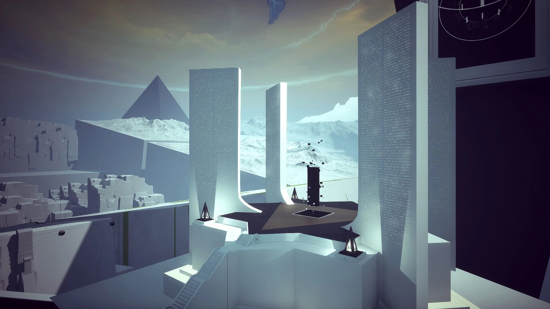 HYPNOS: First-person view of towering monoliths around a dark altar platform in icy ruins.