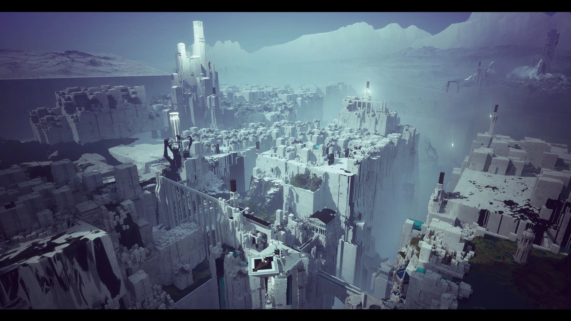 HYPNOS: Panoramic view over a vast white cliff city with glowing towers and deep chasms in mist.