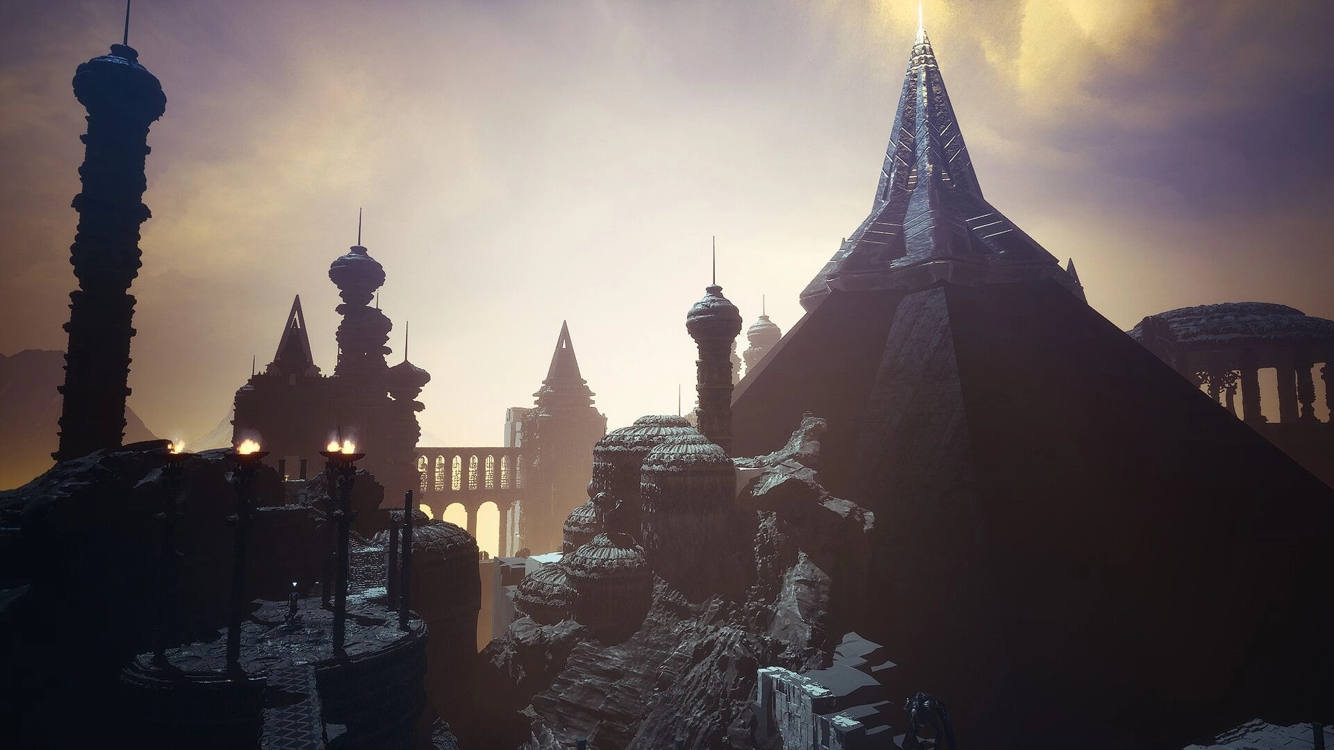 HYPNOS: First-person view over towering pyramids and spires in a foggy megastructure cityscape.