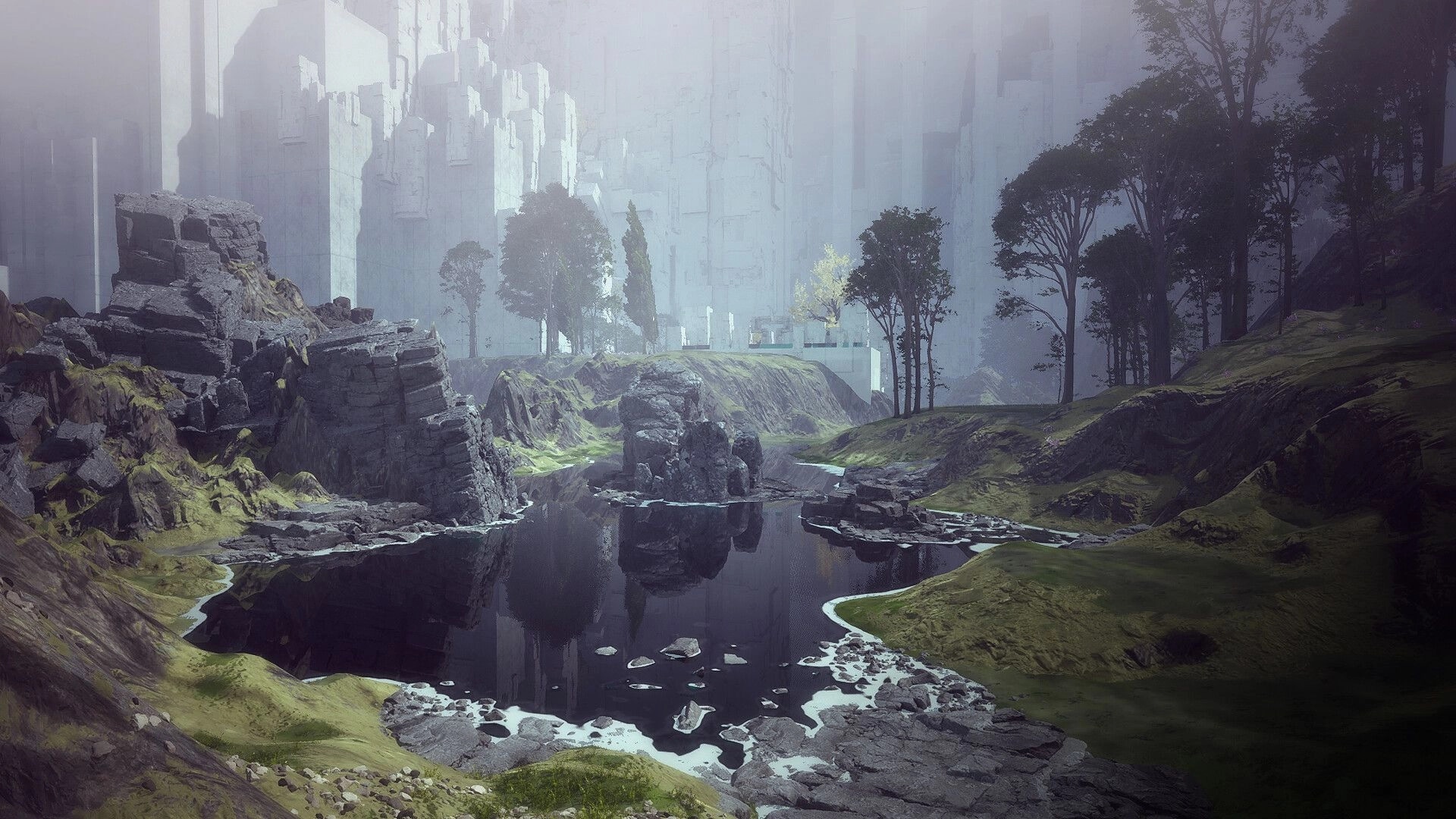 HYPNOS: Exploring a misty lake valley with rocky ruins and trees beneath towering monolith walls.