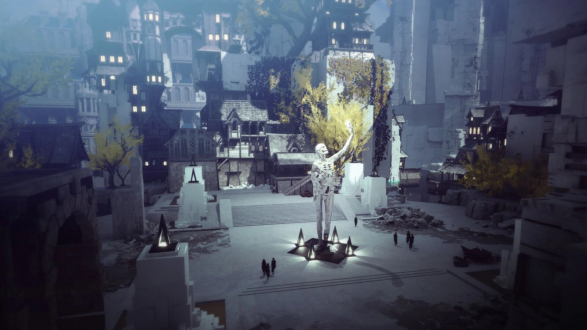 HYPNOS: Giant skeleton statue in plaza with glowing pyramids, backed by towering city buildings.