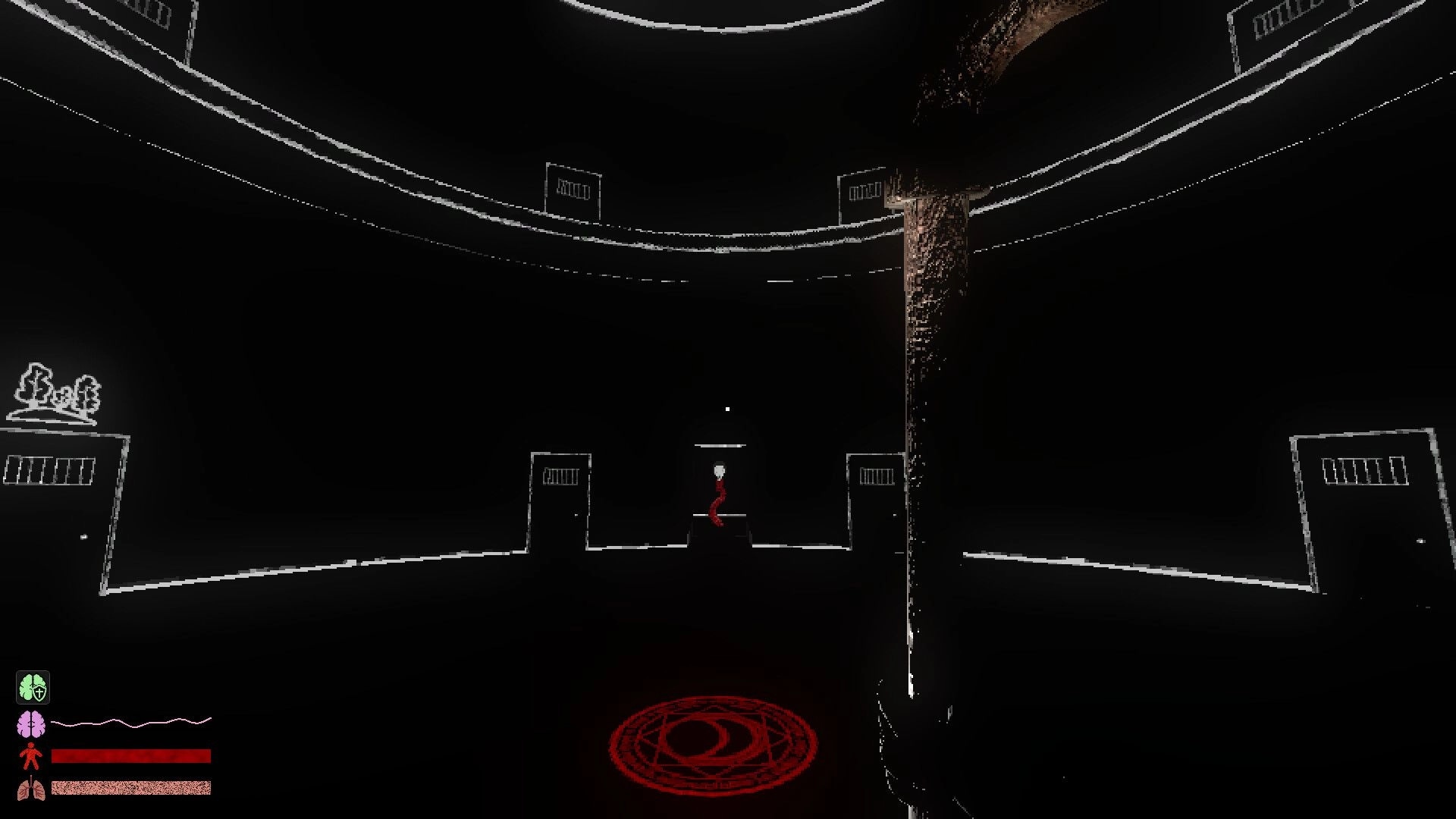 Hypnostasis: First-person view of a dark circular hallway with doors, HUD meters, and red sigil floor.