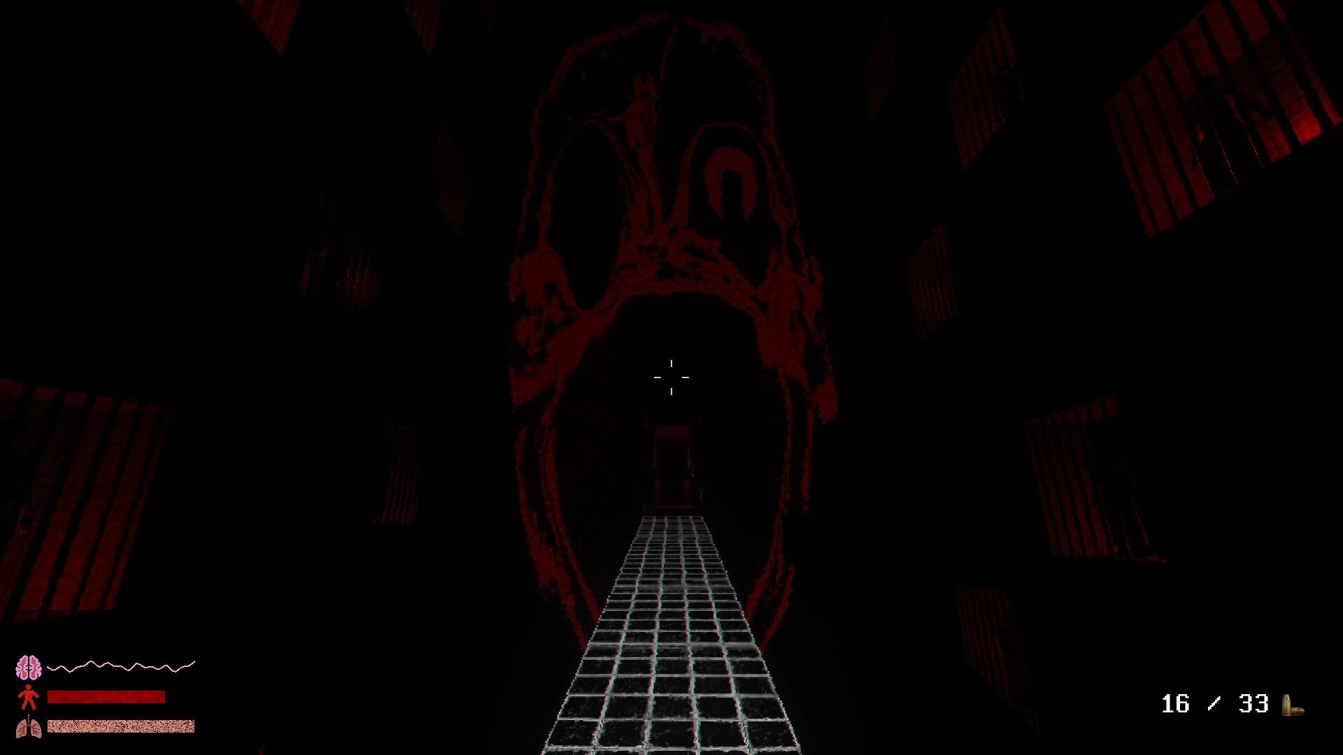 Hypnostasis: First-person view aiming down a red-lit tunnel with a gridded walkway and HUD ammo count.