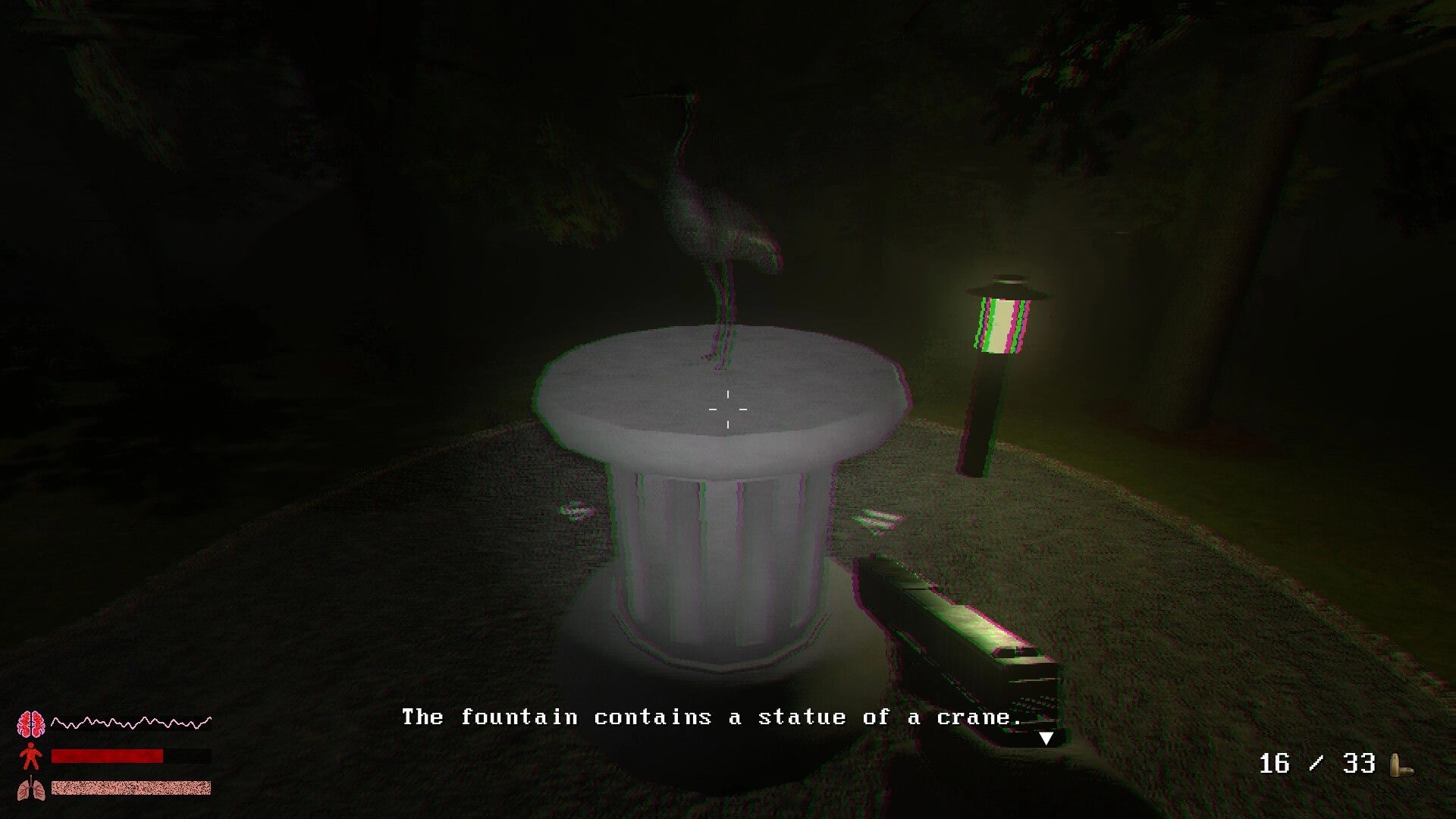 Hypnostasis: First-person view aiming at a fountain crane statue in dark woods, pistol ammo UI visible.