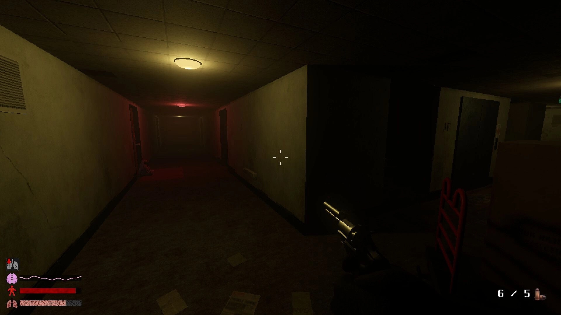 Hypnostasis: First-person view holding a revolver in a dim apartment hallway with HUD and crosshair.