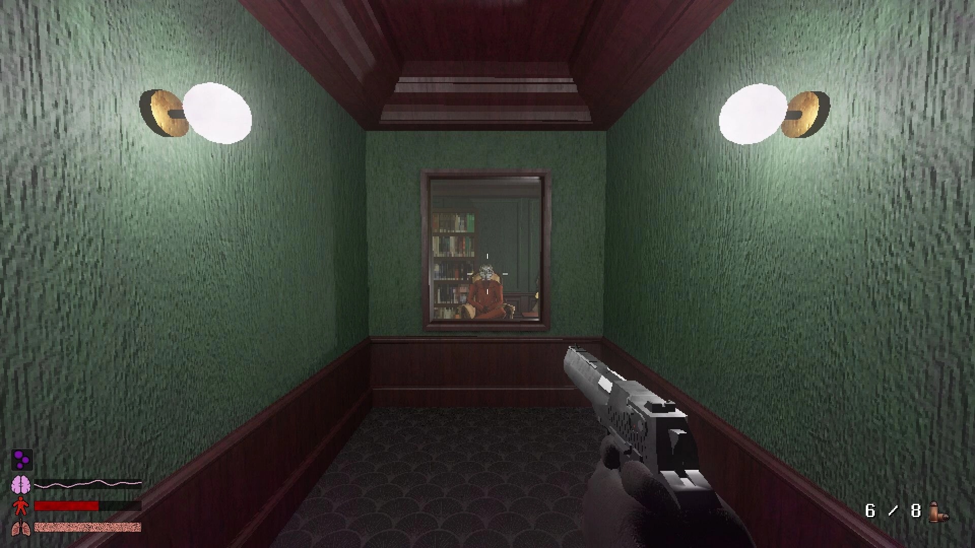 Hypnostasis: Pistol aimed at a seated figure through a window in a narrow green hallway with HUD.