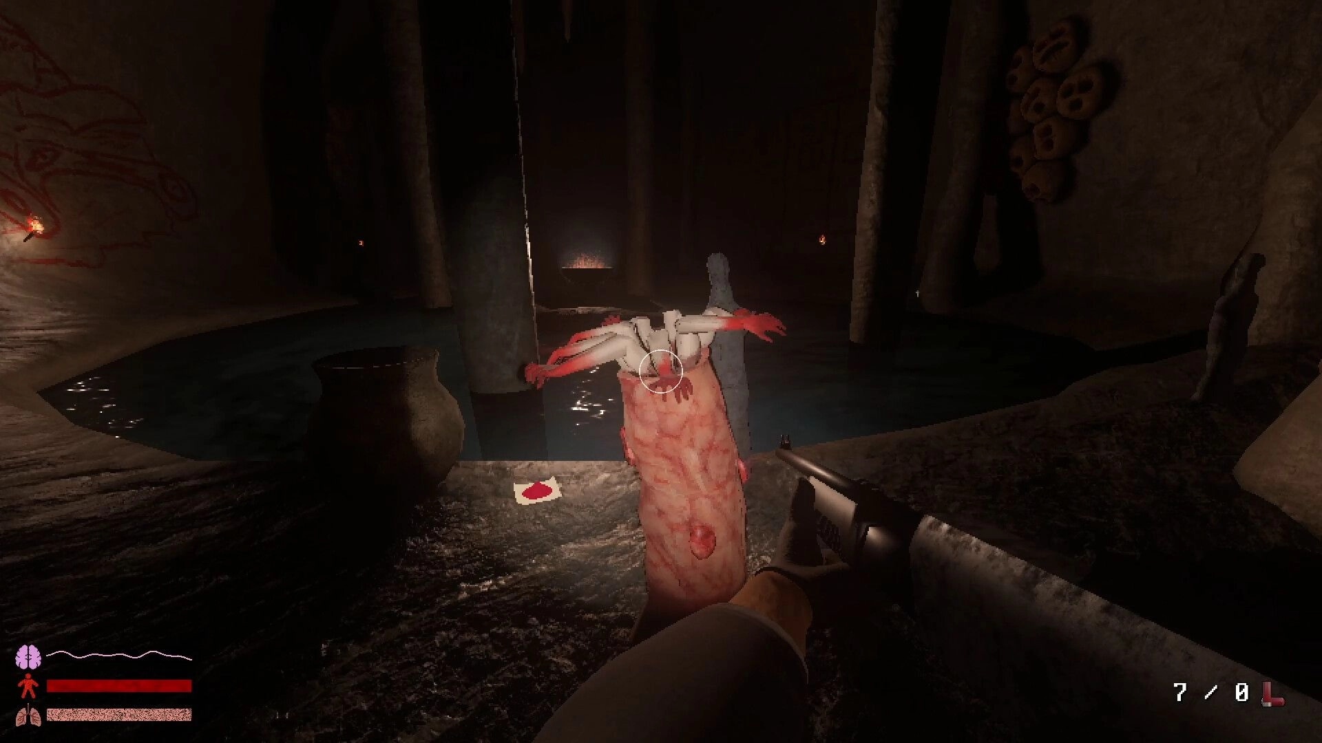 Hypnostasis: First-person shotgun aimed at a flayed humanoid in a dark flooded cavern with HUD bars.