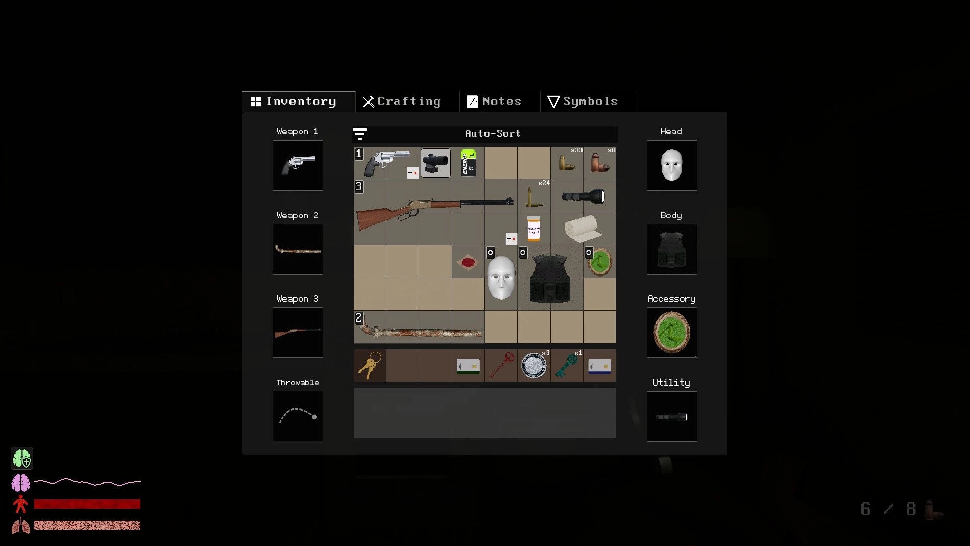 Hypnostasis: Inventory screen with guns, ammo, mask, armor, and flashlight in a grid menu.
