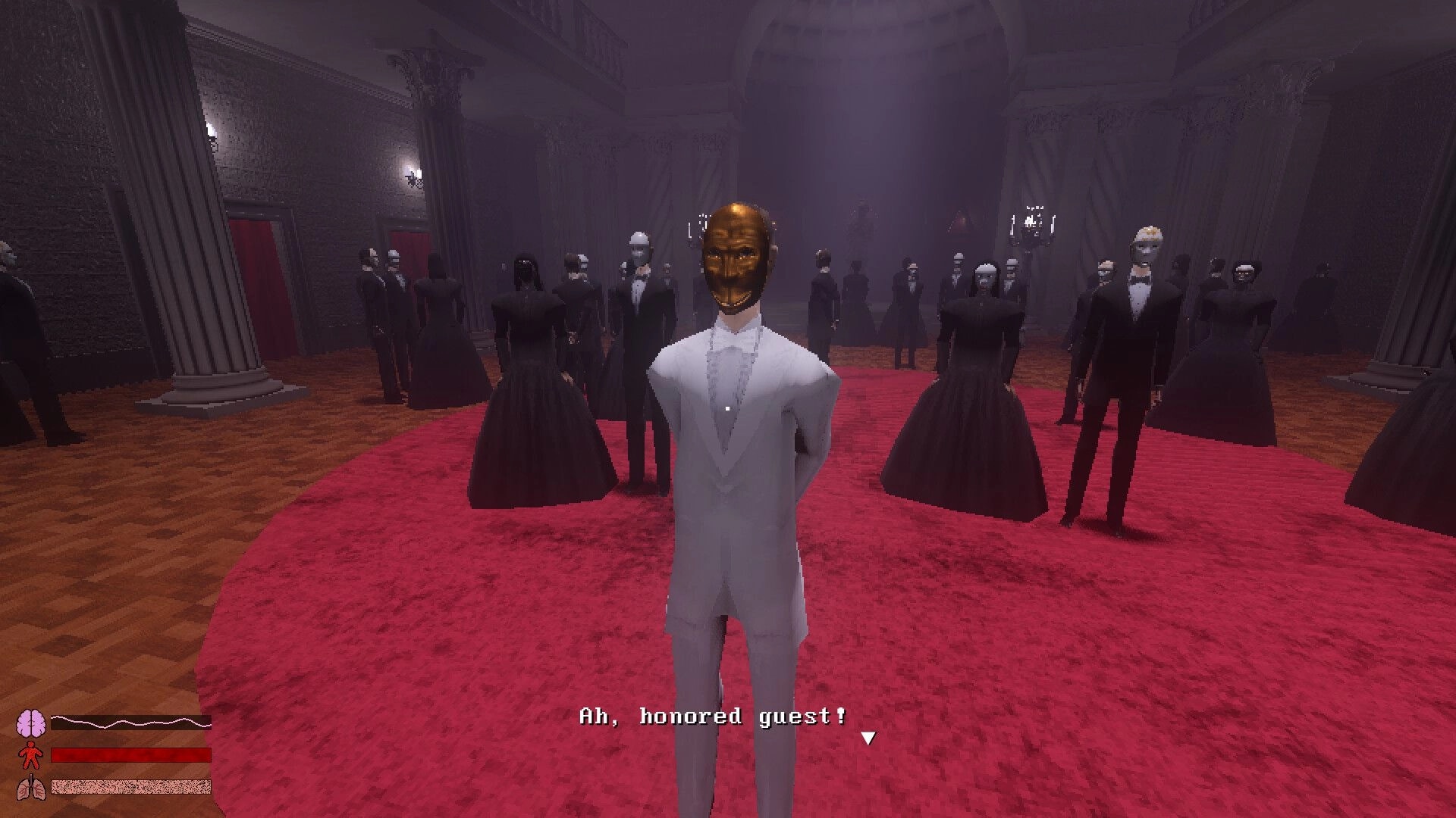 Hypnostasis: Masked man in white suit greets you on red carpet in foggy ballroom crowd, UI bars below.