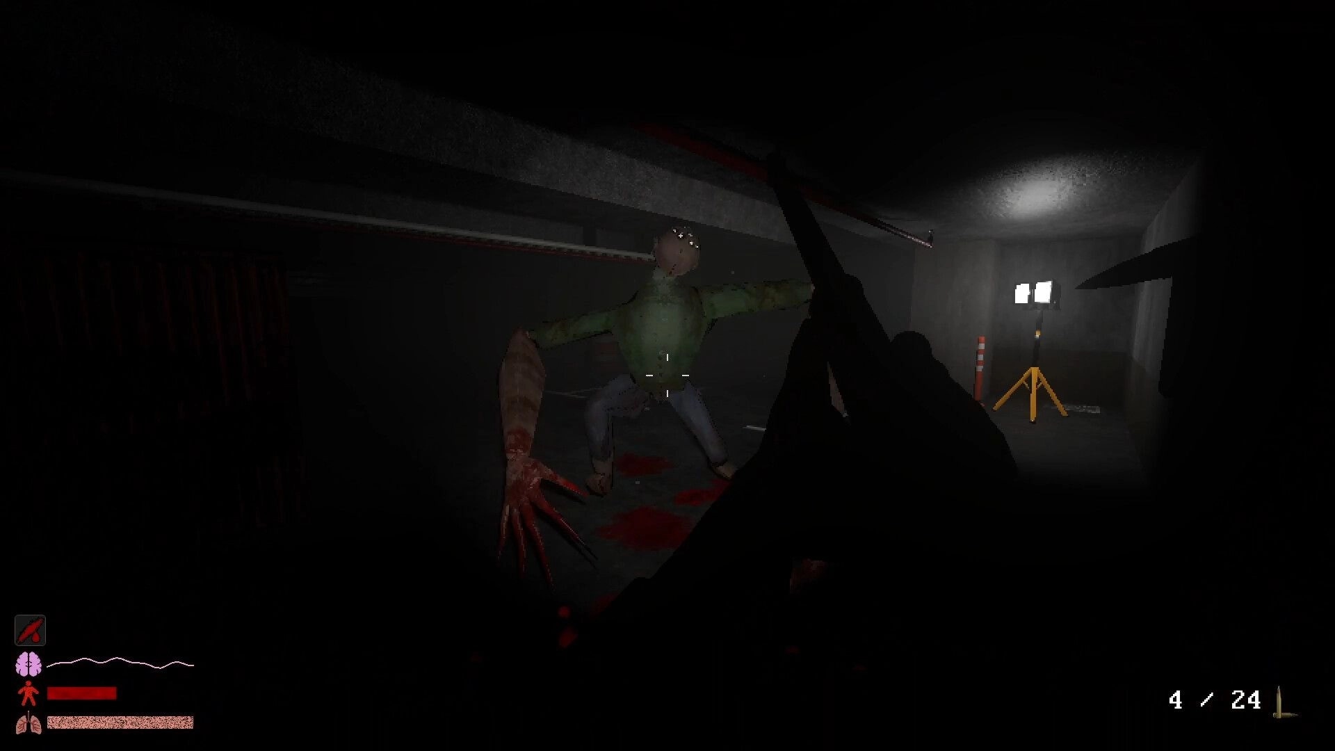 Hypnostasis: First-person aiming at a deformed humanoid in a dark corridor lit by work lights.