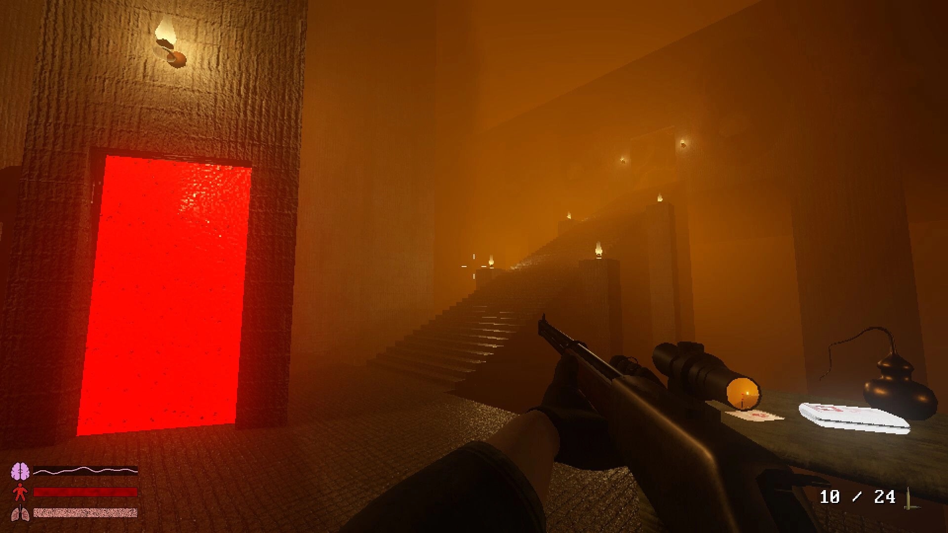Hypnostasis: First-person rifle aiming at a glowing red door in a foggy hall with stairs HUD ammo 10/24.