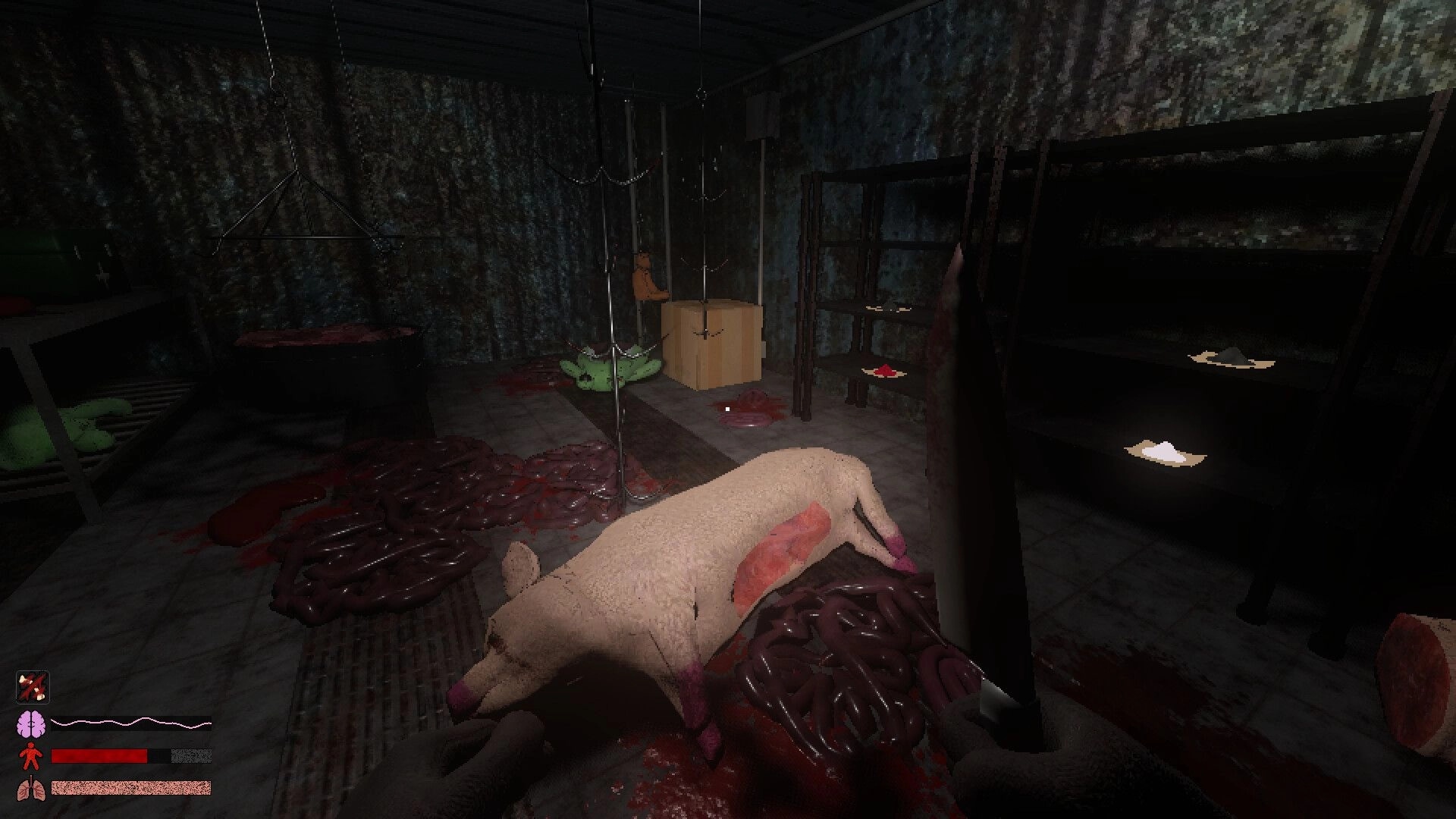 Hypnostasis: First-person view over a butchered pig amid gore in a dim, grimy slaughter room HUD visible.