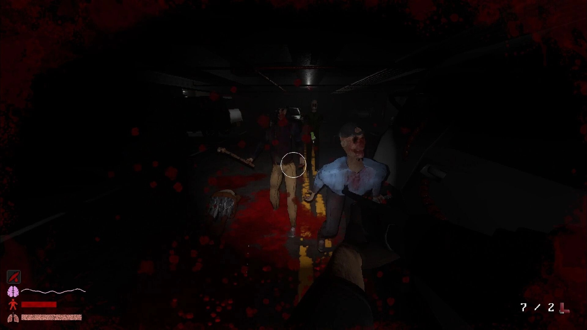 Hypnostasis: First-person shotgun aimed at bloodied figures in a dark corridor with health HUD.