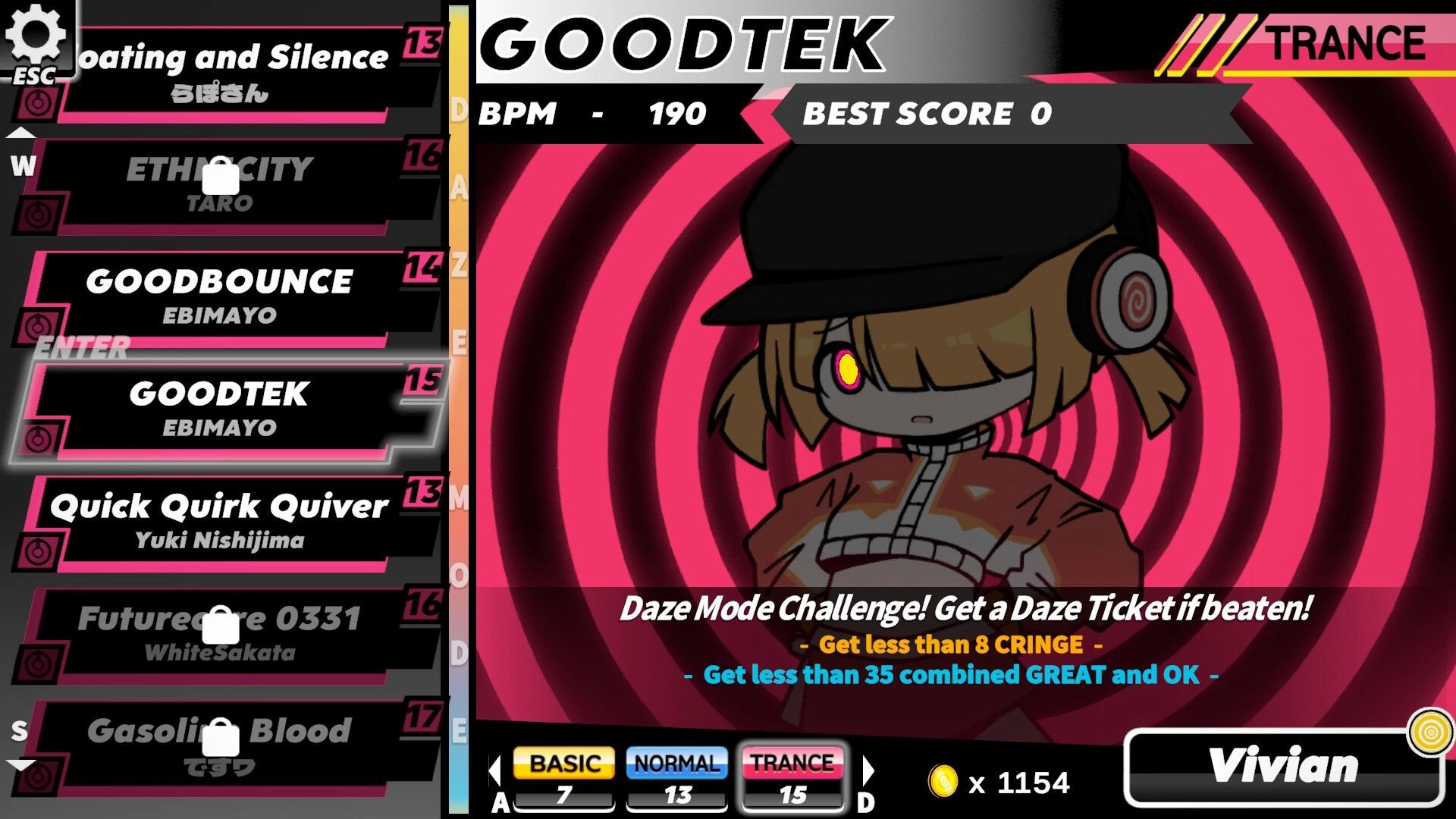 HYPNOSYNC: Song select menu on GOODTEK, TRANCE difficulty, with Vivian portrait on spiral backdrop.