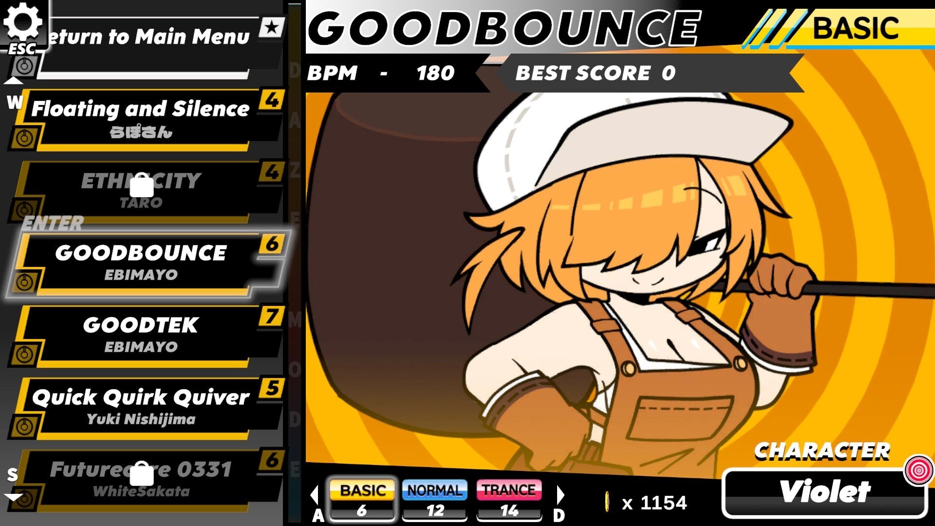 HYPNOSYNC: Song select menu on GOODBOUNCE with Violet character art and BASIC difficulty info screen.