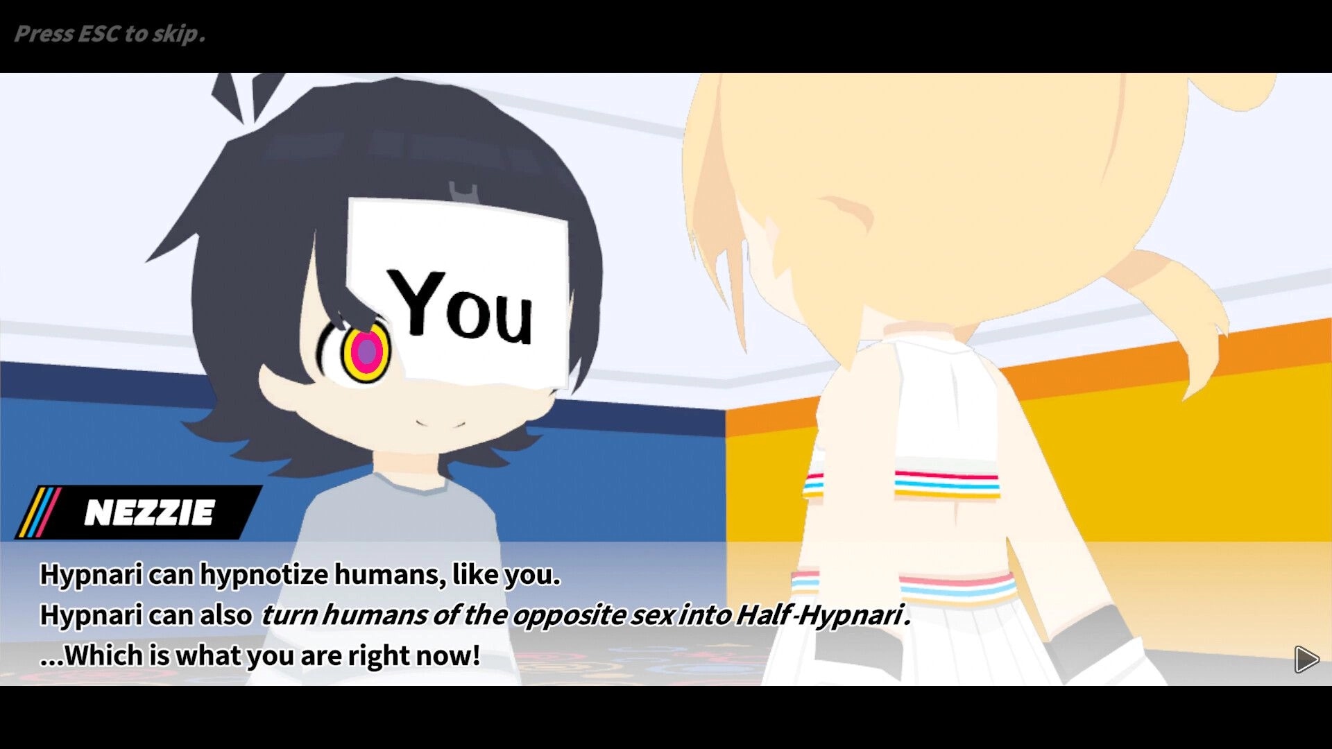 HYPNOSYNC: Nezzie dialogue cutscene facing the player, text box and skip prompt in arcade lobby.
