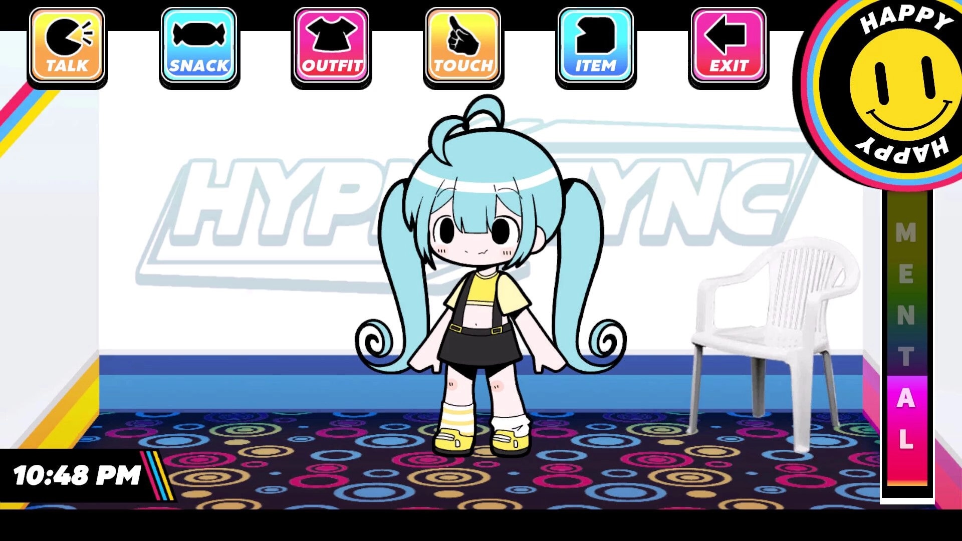 HYPNOSYNC: Chibi girl with blue twin-tails in outfit menu UI, standing in arcade lobby by chair.