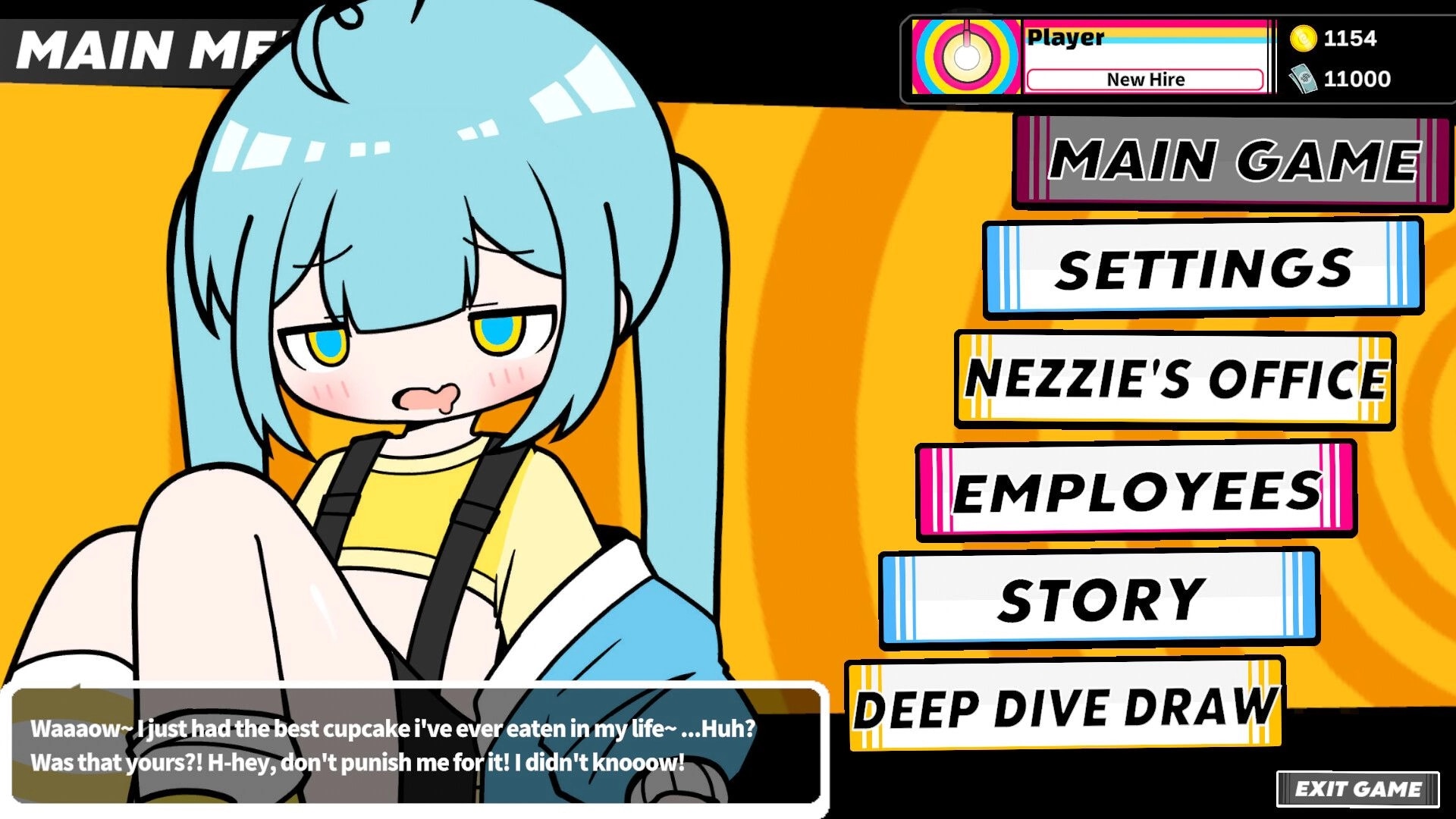 HYPNOSYNC: Main menu with anime girl portrait and buttons for Main Game, Settings, Story on yellow backdrop.