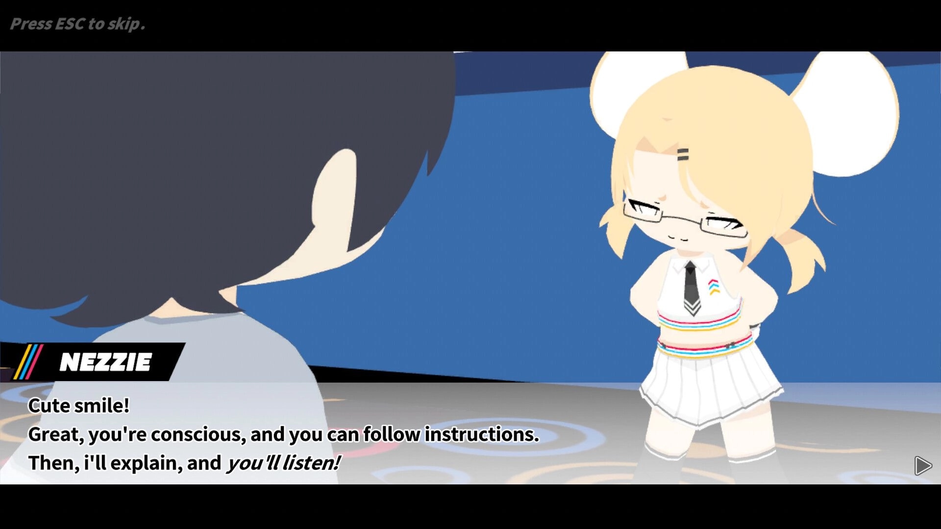 HYPNOSYNC: Nezzie dialogue cutscene with text box and character facing player in blue room.
