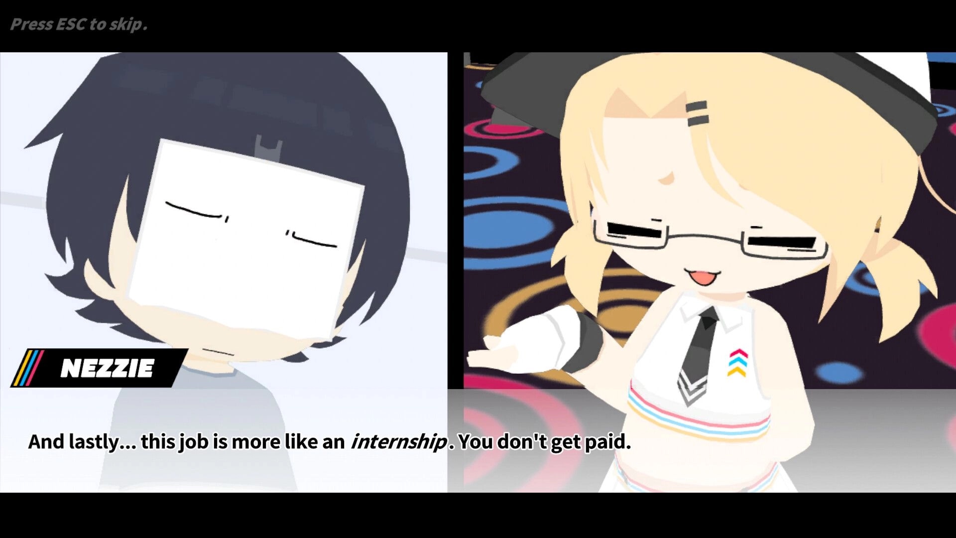 HYPNOSYNC: Nezzie dialogue cutscene with two chibi characters and subtitle text in arcade room.