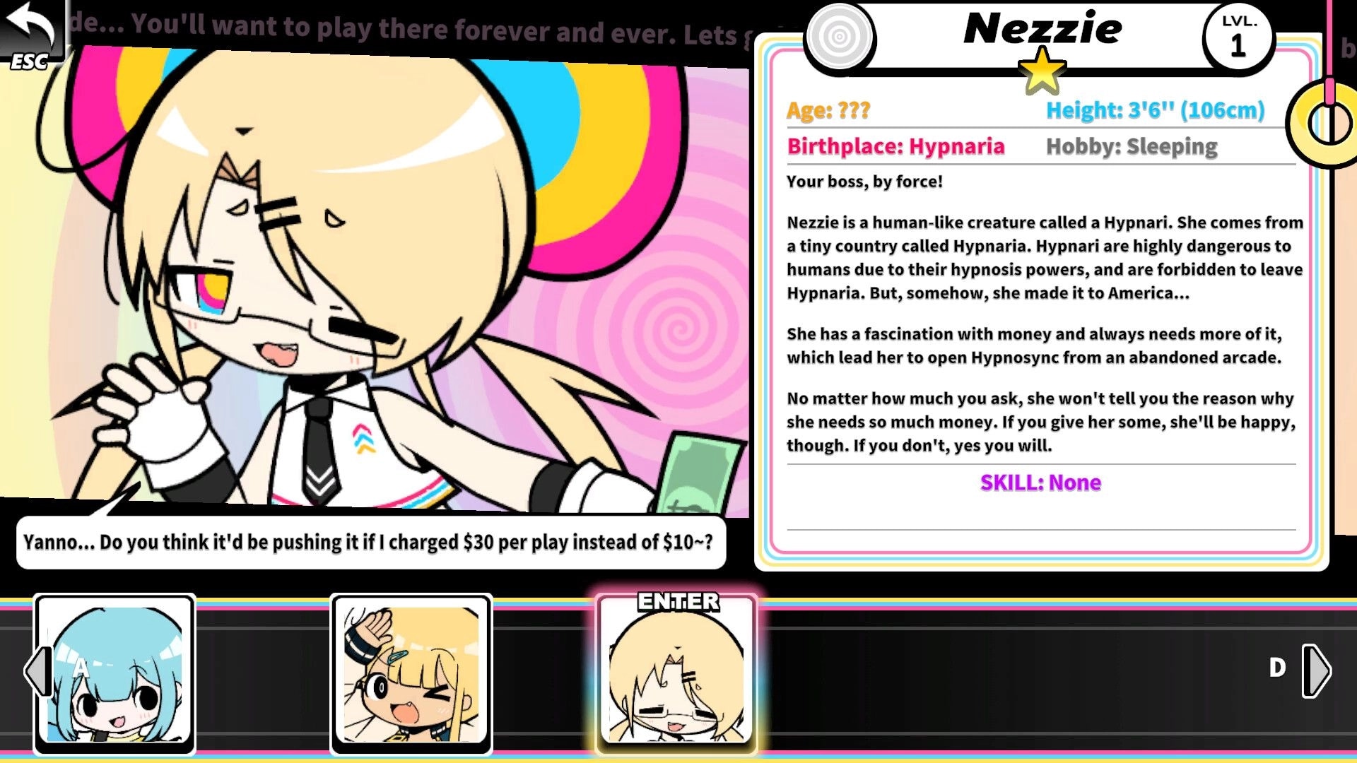 HYPNOSYNC: Nezzie character profile and dialogue UI with portrait and stats on pink spiral backdrop.