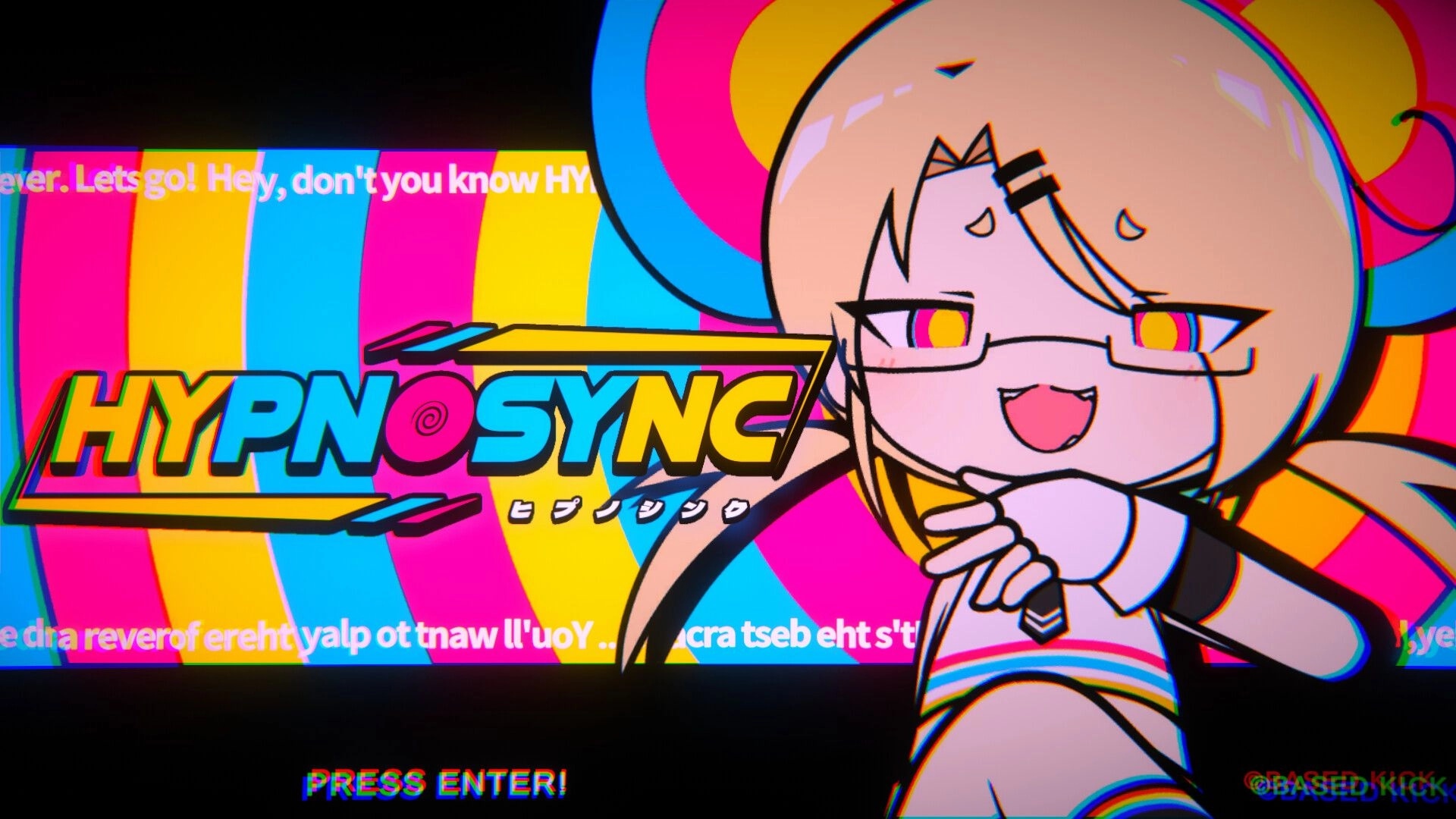 HYPNOSYNC: Title screen with colorful logo and smiling anime girl, PRESS ENTER on neon stripes backdrop.