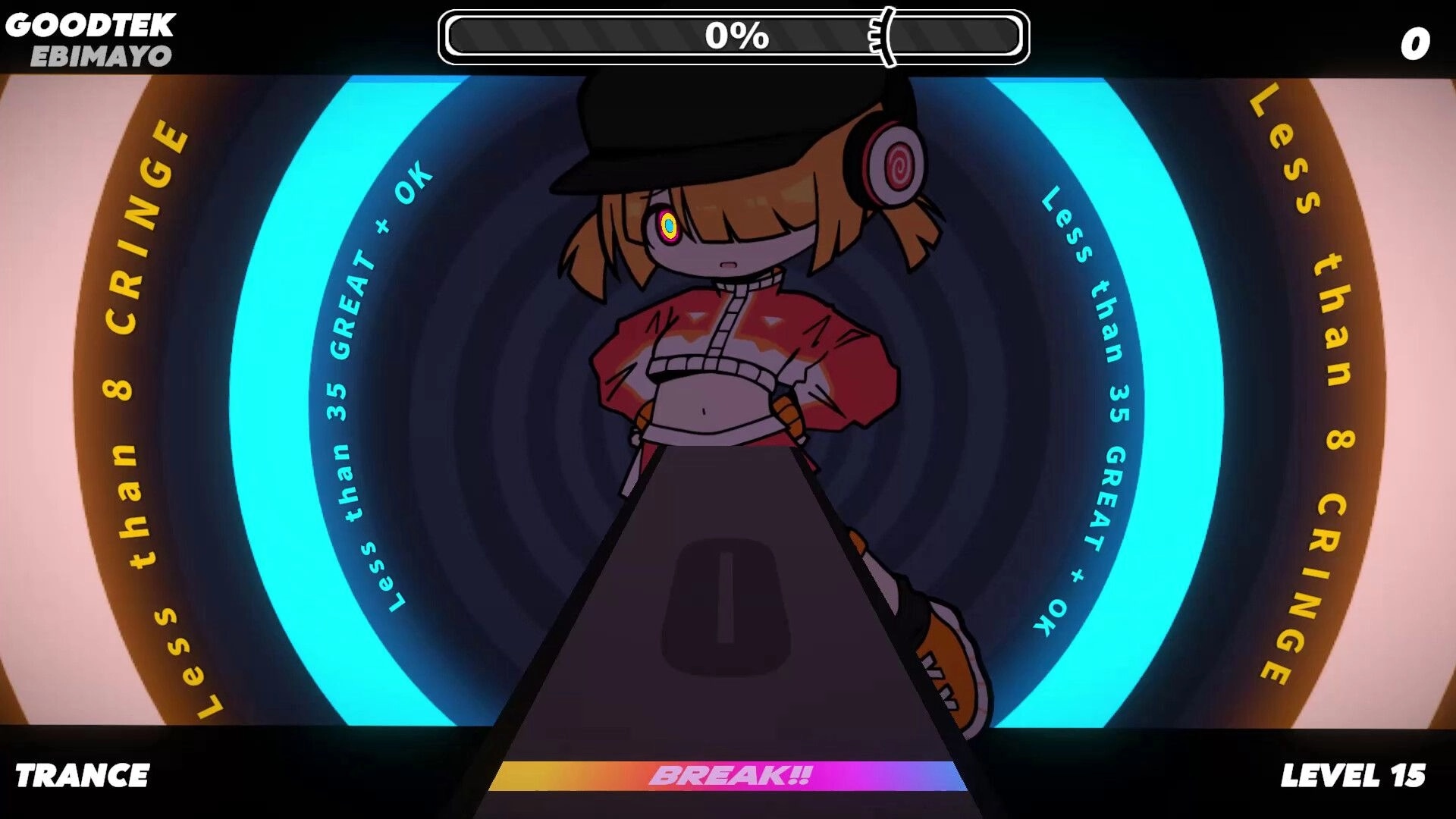 HYPNOSYNC: Rhythm minigame with hypnotic rings and a headphone girl, BREAK bar in trance arena.