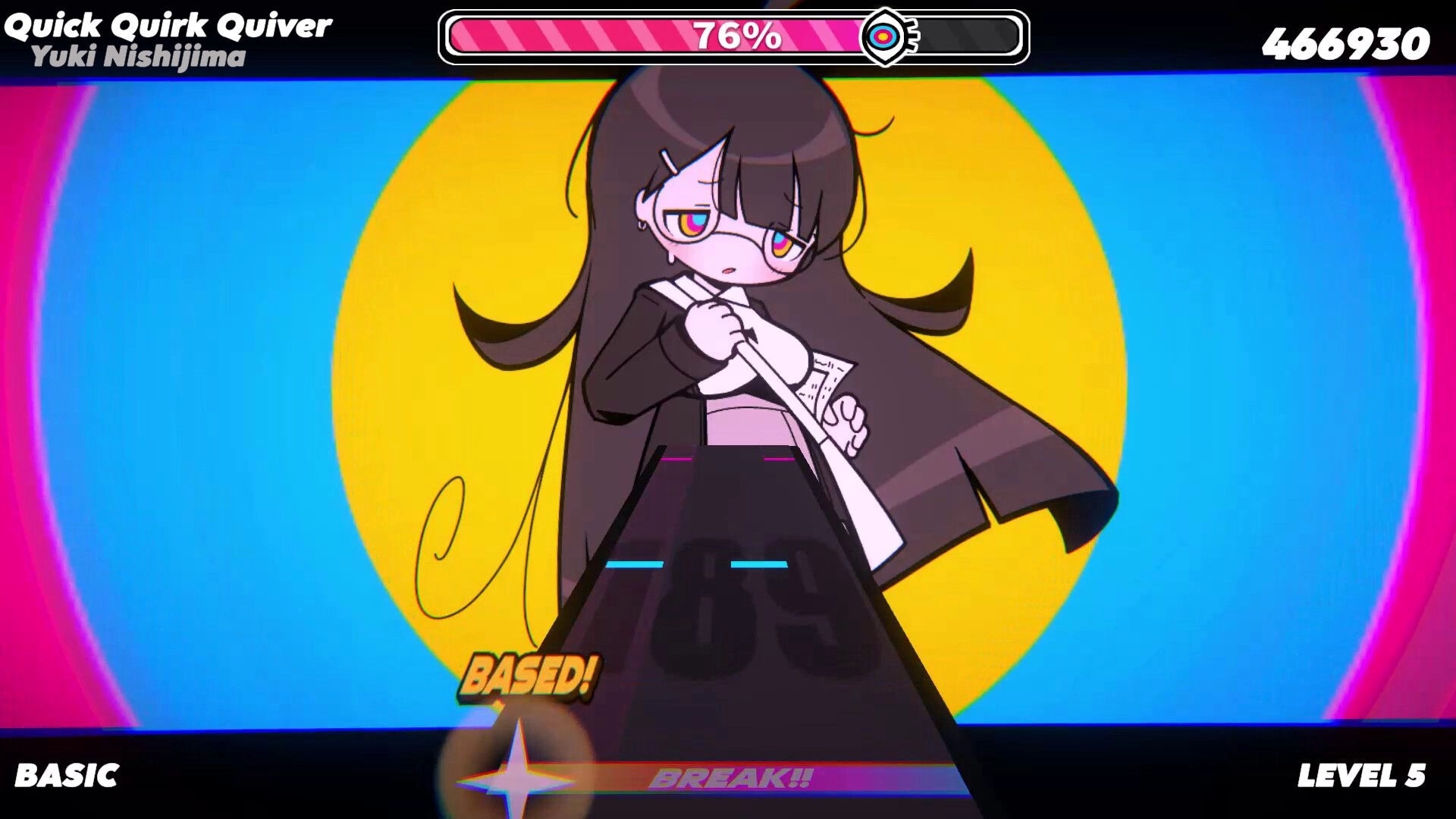 HYPNOSYNC: Rhythm track Quick Quirk Quiver with Yuki Nishijima and 76% gauge on neon stage.