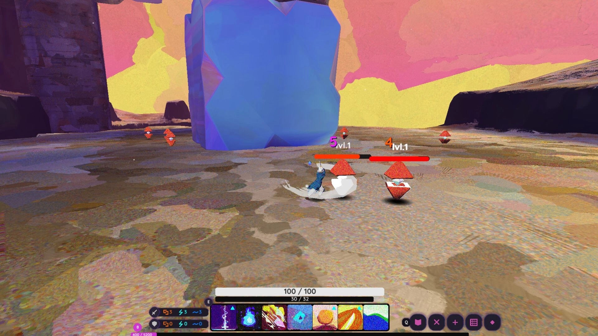 Hyposolus: Player battles two level 1 crystal foes near a blue monolith, hotbar and HP visible.