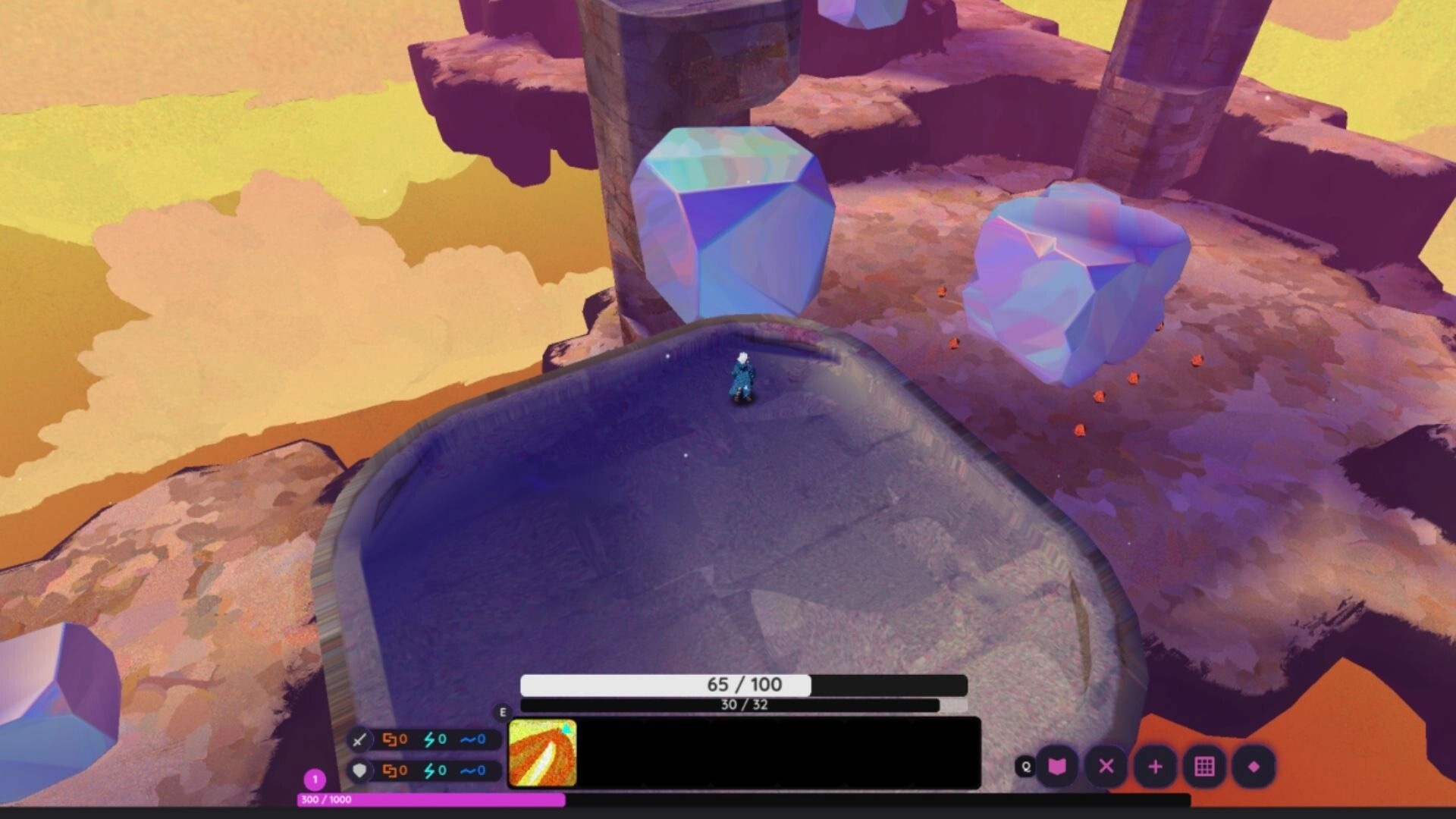 Hyposolus: Player stands by a dark pool on a floating ruin with giant crystals and HUD bars below.
