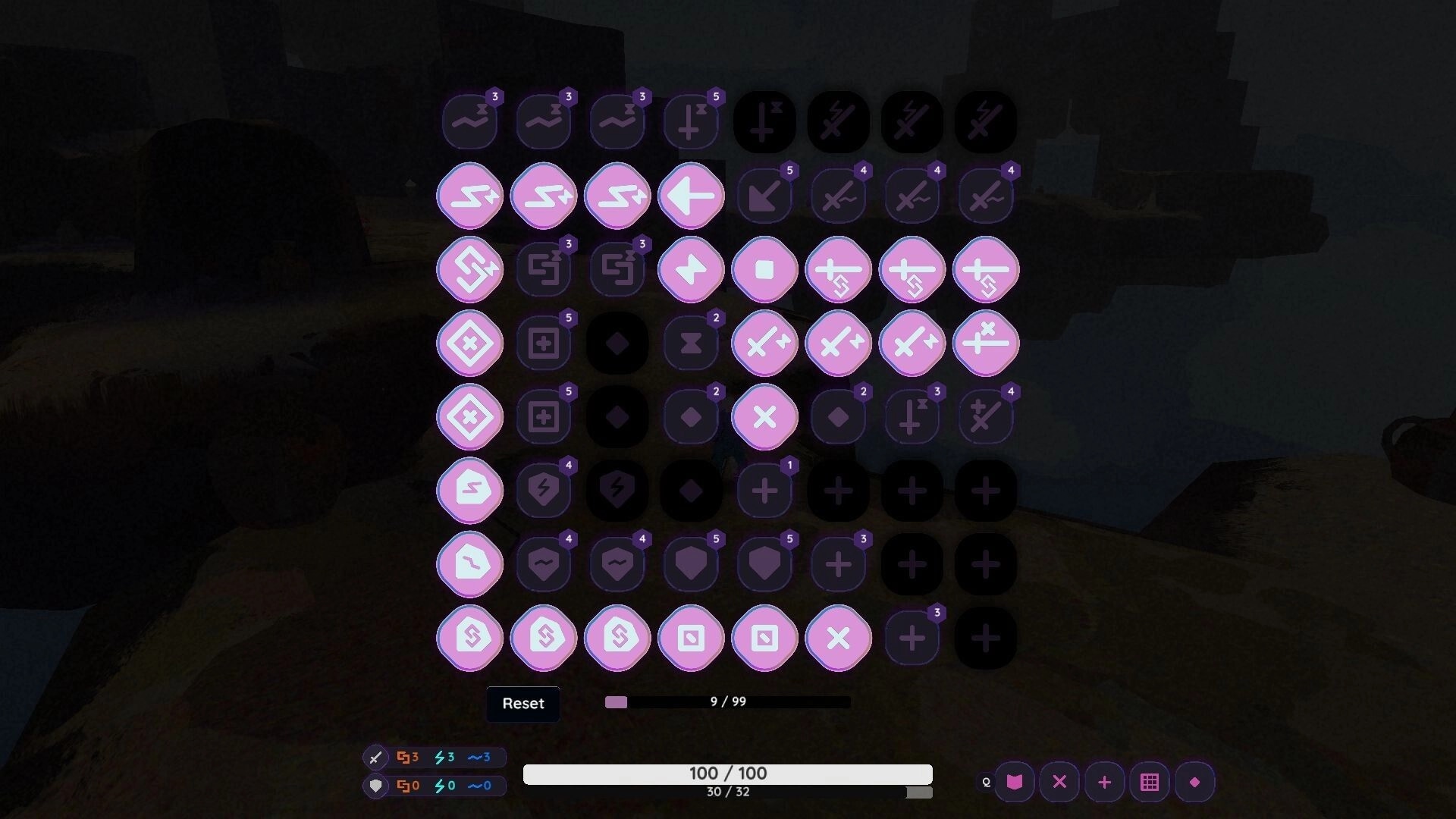 Hyposolus: Perk grid menu with purple hex icons and reset bar over dark rocky canyon backdrop.