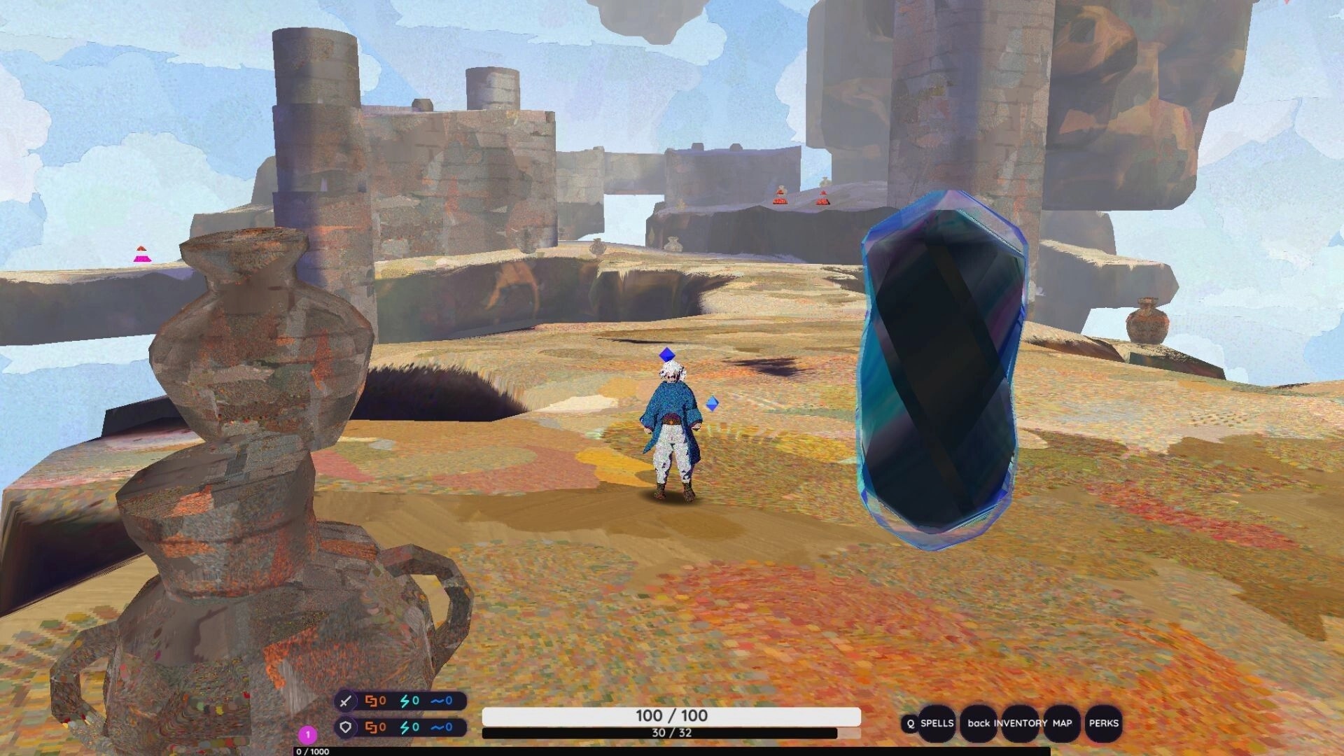 Hyposolus: Player character faces a blue portal on floating stone ruins with health and spell UI bar.