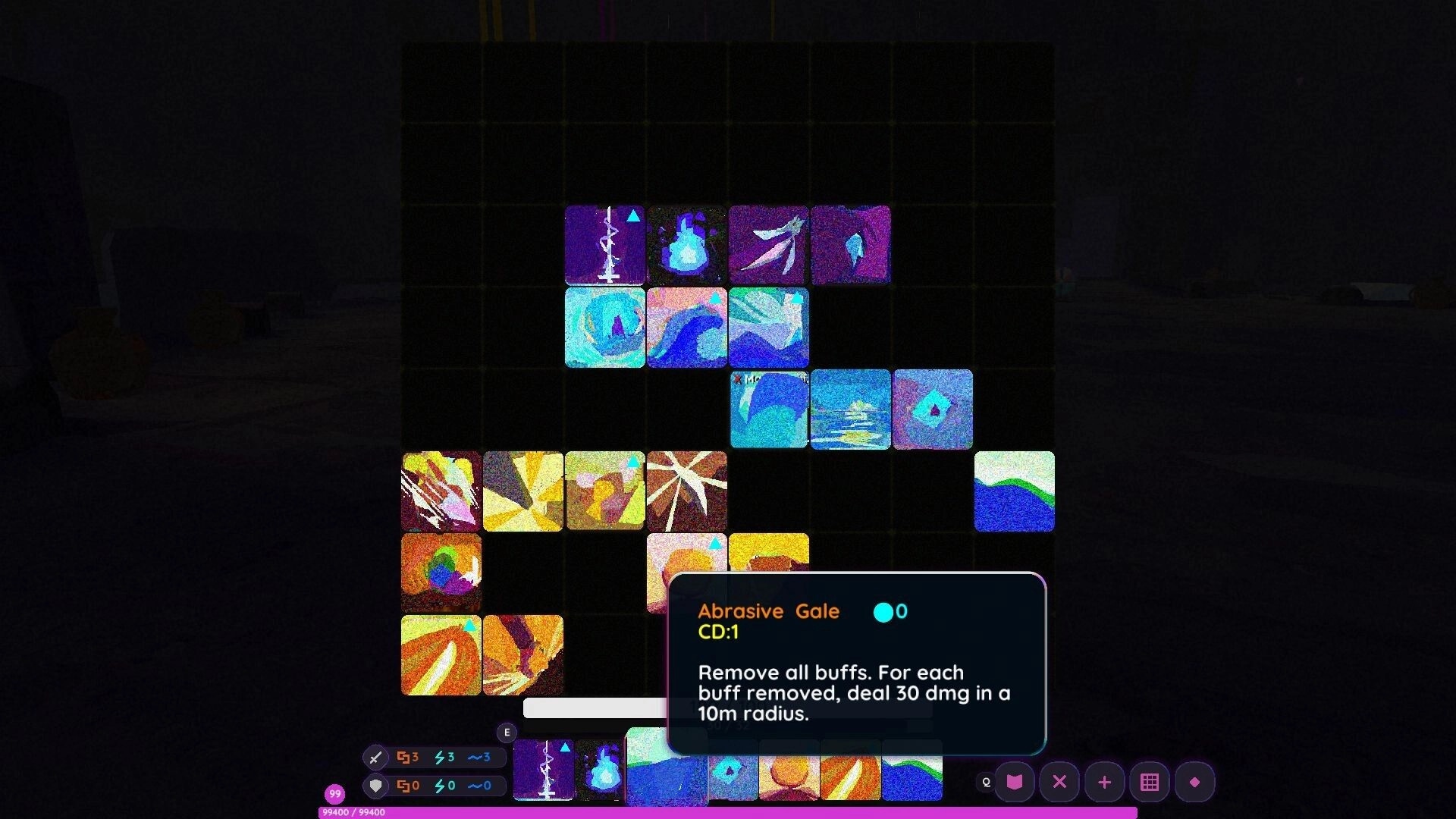 Hyposolus: Spell grid loadout screen with colorful perk tiles and Abrasive Gale tooltip overlay on dark grid.