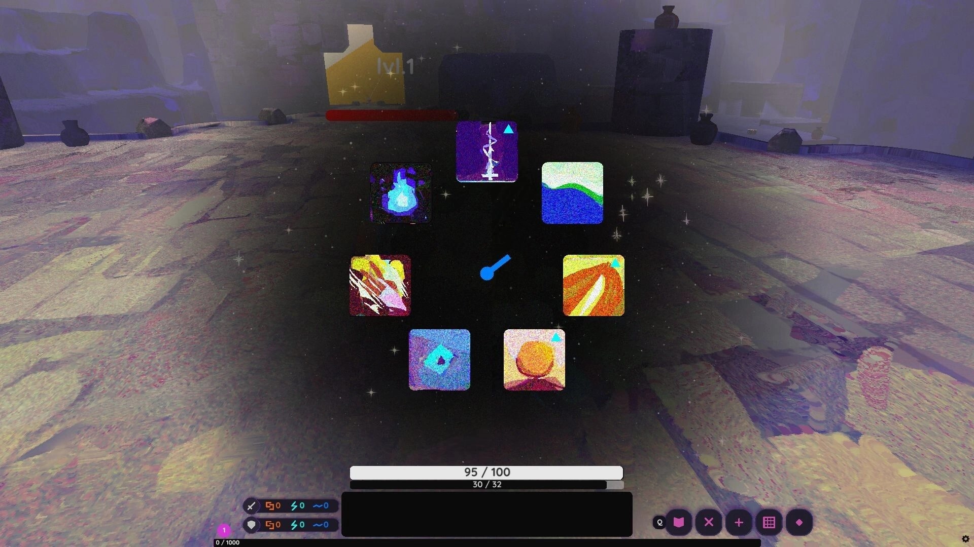 Hyposolus: Radial spell selection wheel over stone arena with foggy ruins and health bar UI visible.