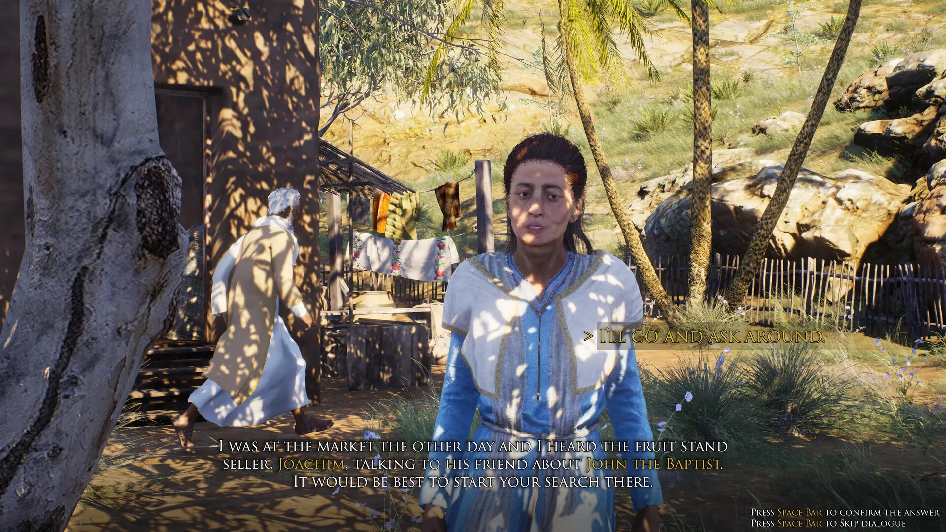 I Am Jesus Christ: Conversation with woman in village setting with dialogue options visible