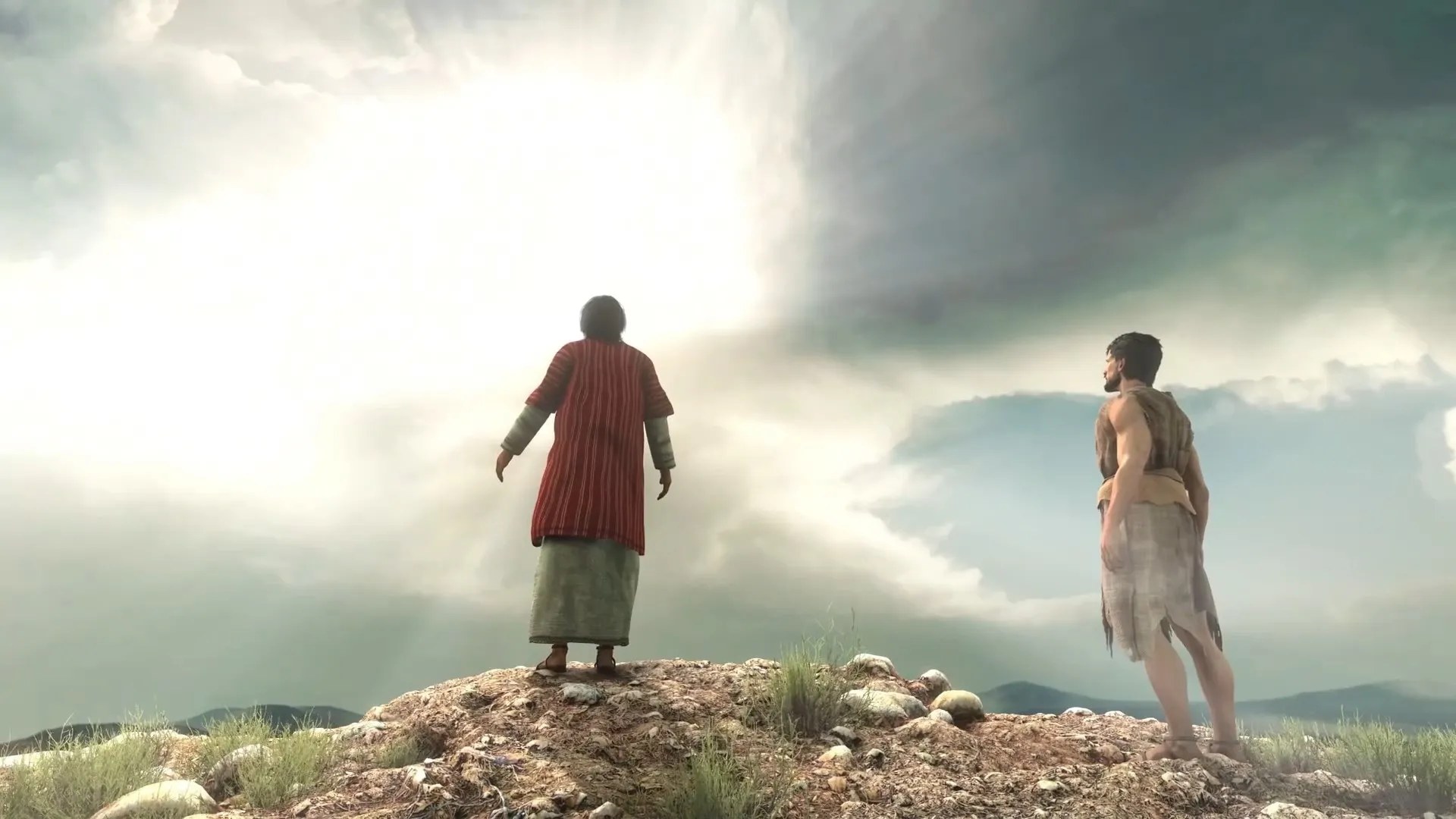 I Am Jesus Christ: Two figures stand on a rocky hilltop facing a bright light in a cloudy sky landscape.