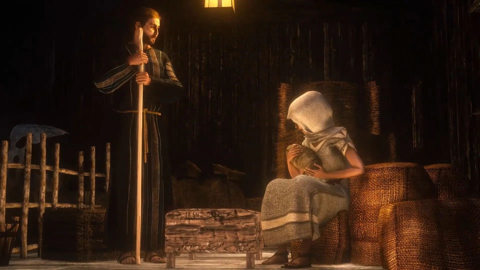 I Am Jesus Christ: Mary holding baby Jesus in dimly lit stable with Joseph standing nearby