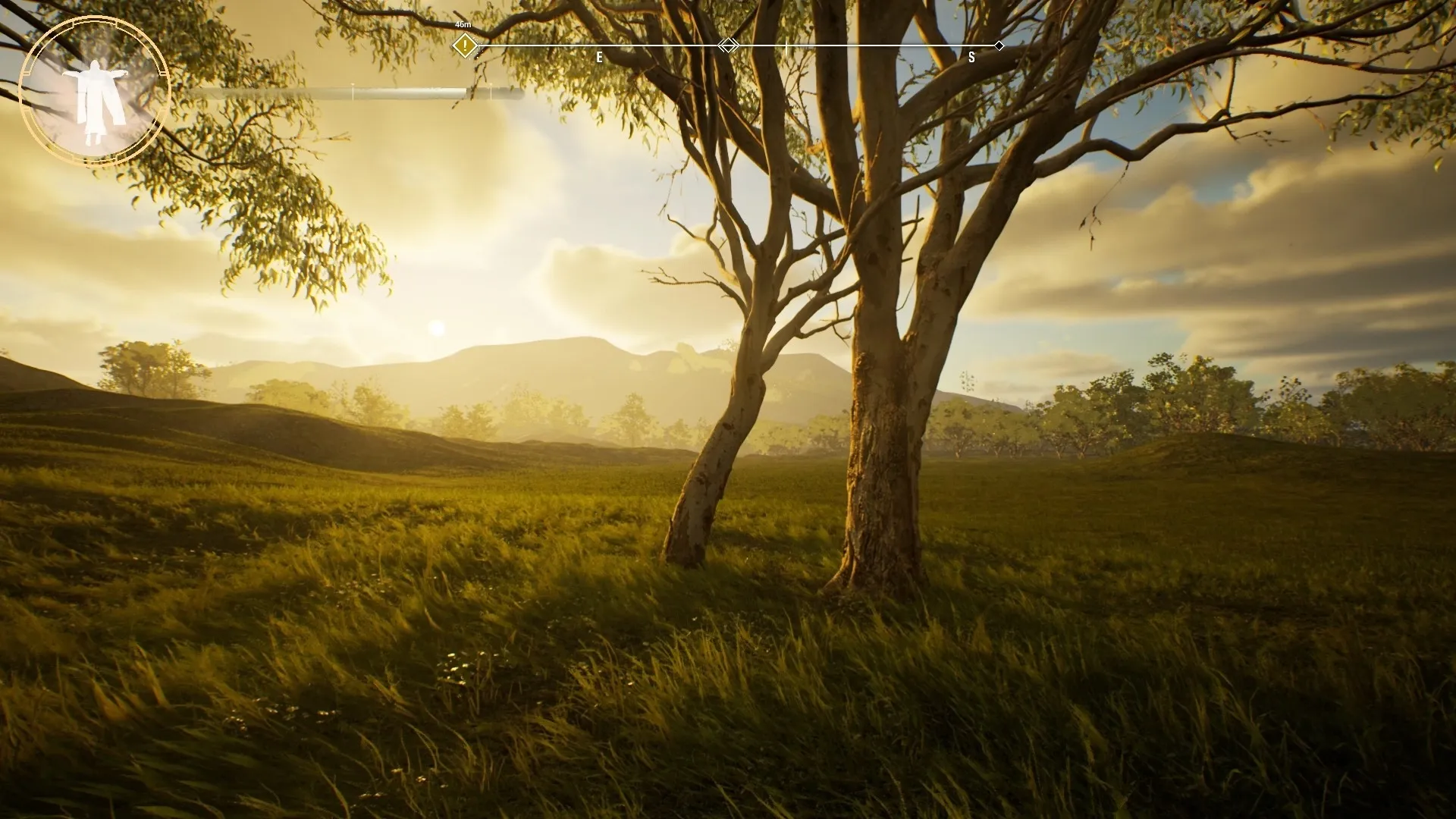 I Am Jesus Christ: Serene landscape with trees and sunlight, compass and character icon on screen