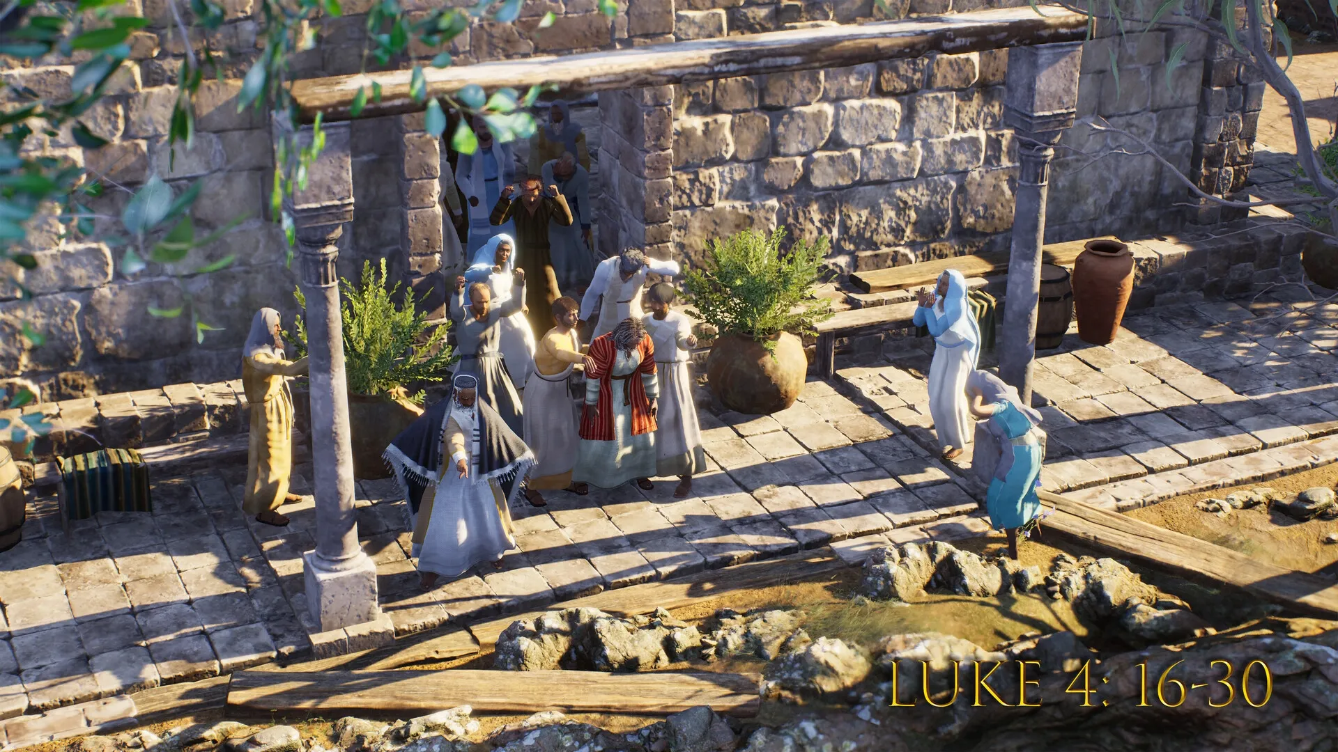 I Am Jesus Christ: Crowd scene outside ancient stone building with people in biblical attire interacting