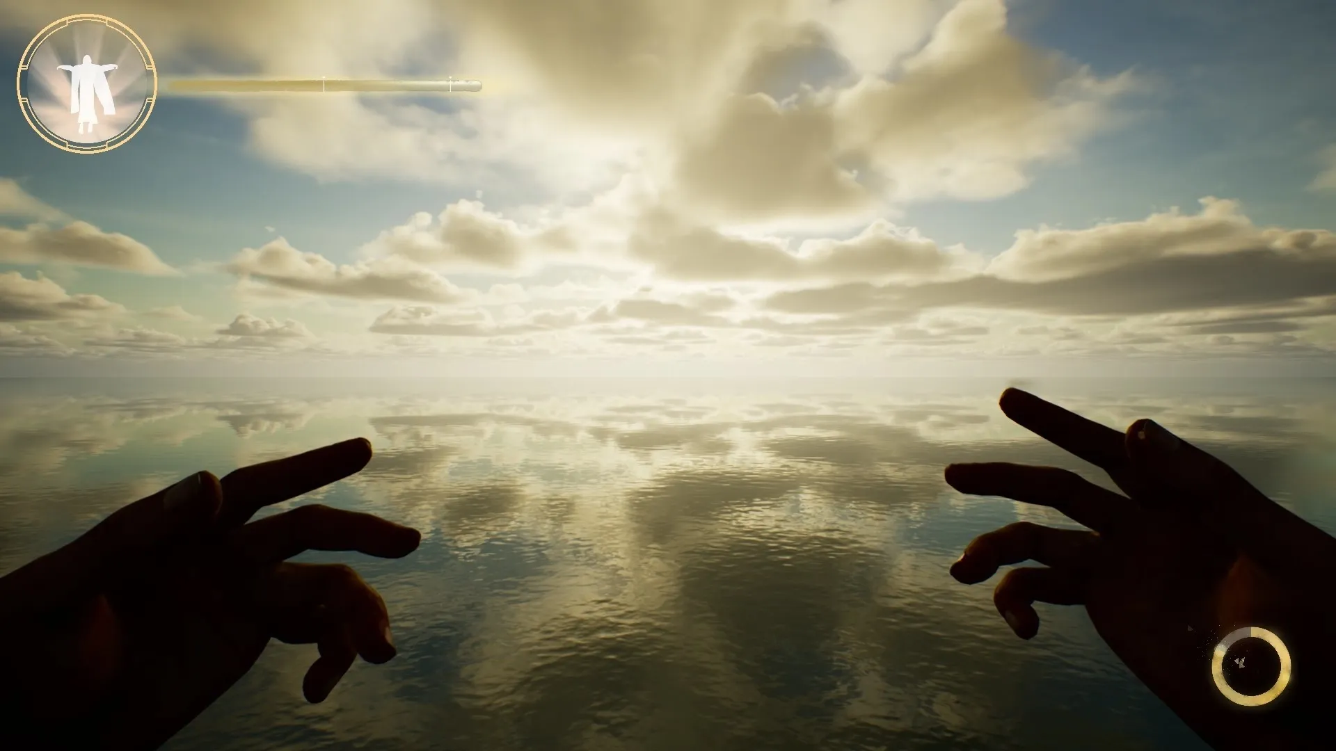 I Am Jesus Christ: First-person perspective with outstretched hands over a reflective, serene water surface