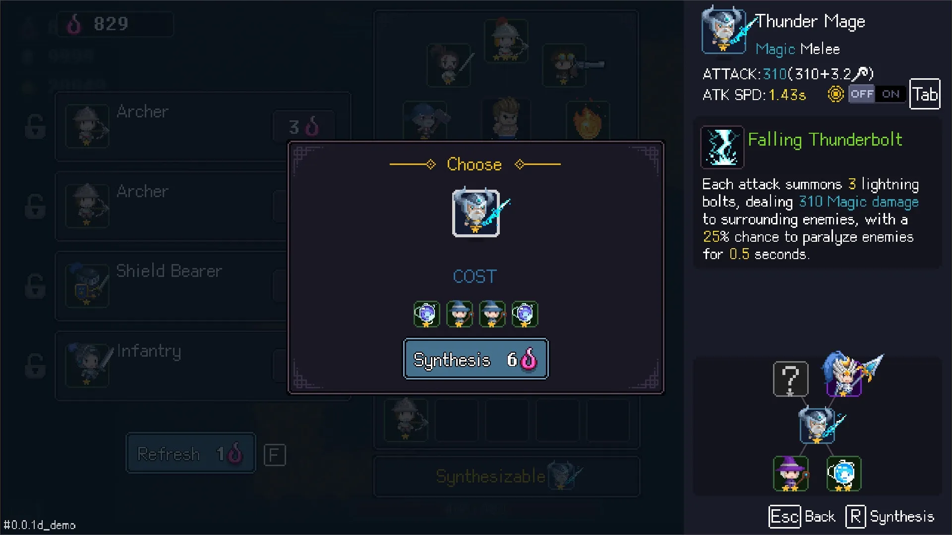 I Am Legion: Thunder Mage synthesis menu with character stats and ability details displayed