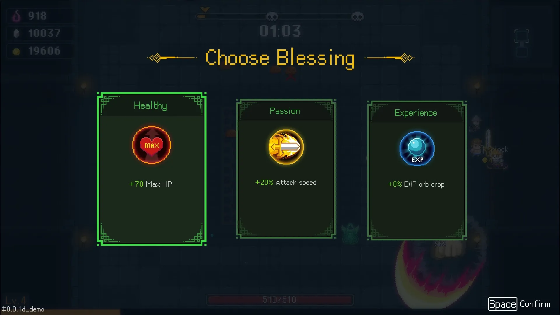 I Am Legion: Choose Blessing menu featuring Healthy, Passion, and Experience options in dungeon setting.