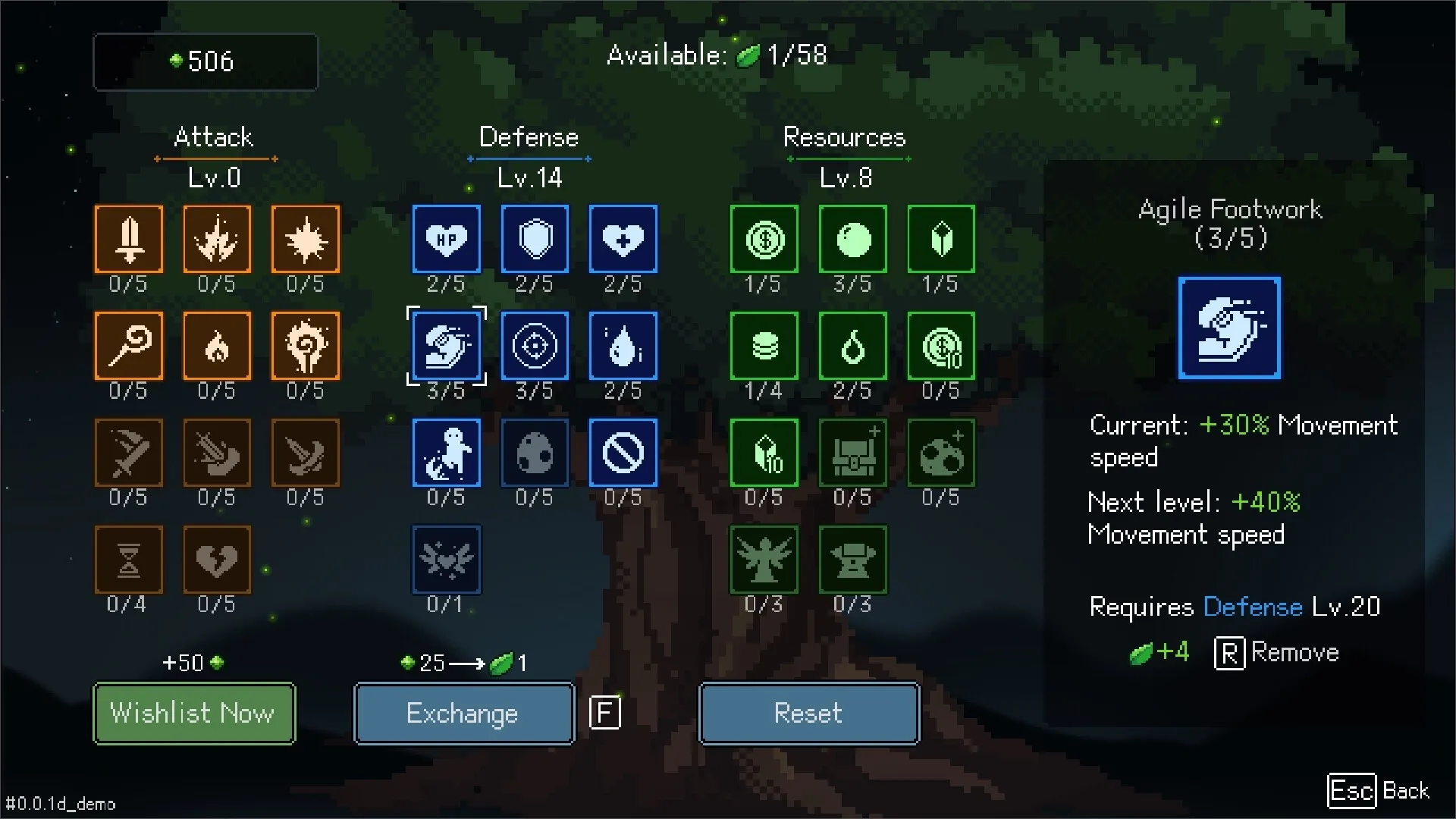 I Am Legion: Skill upgrade menu with attack, defense, resources options; Agile Footwork highlighted