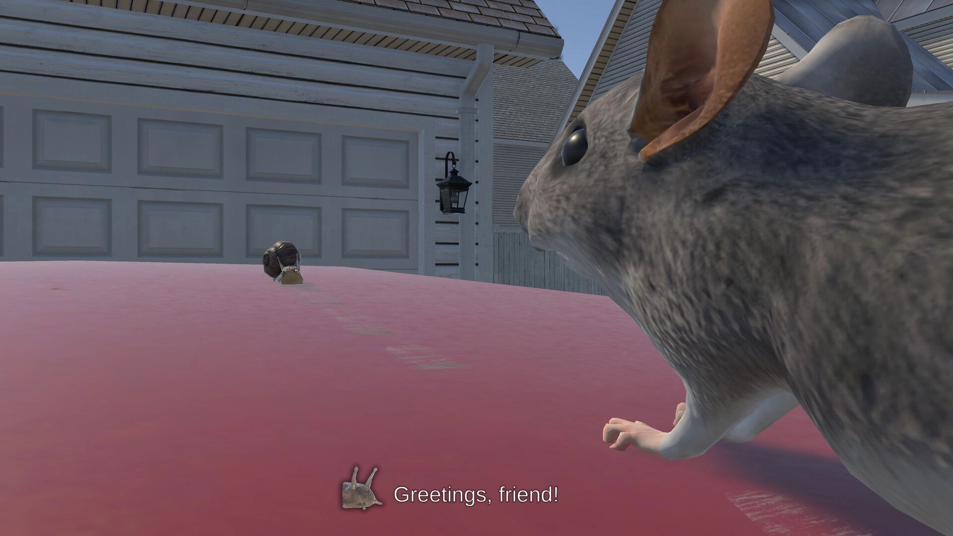 I Am Mouse: Mouse on a red car hood facing a snail, subtitle "Greetings, friend!" in suburb driveway.