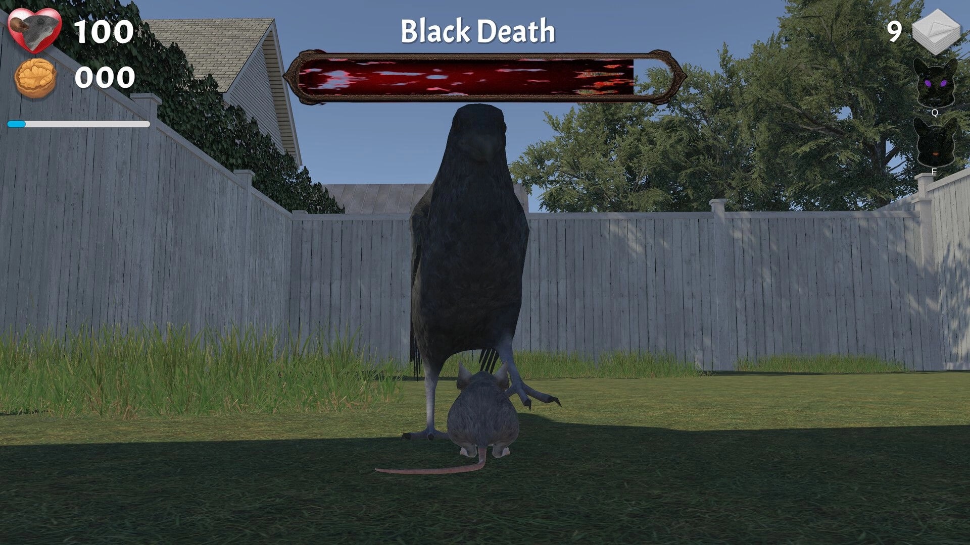I Am Mouse: Mouse faces towering crow boss Black Death in fenced backyard arena with HUD stats visible.