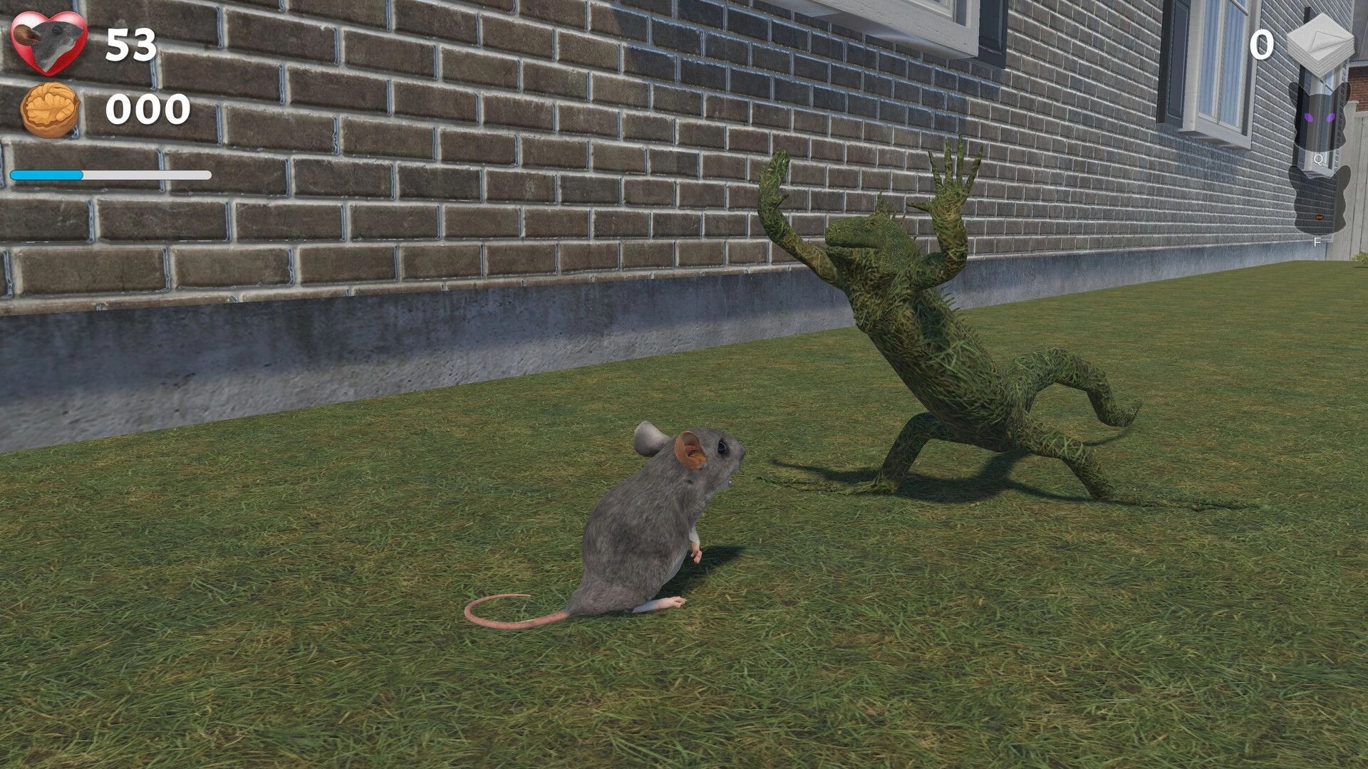 I Am Mouse: Mouse faces a mossy humanoid enemy on grass beside a brick house, health 53 UI.