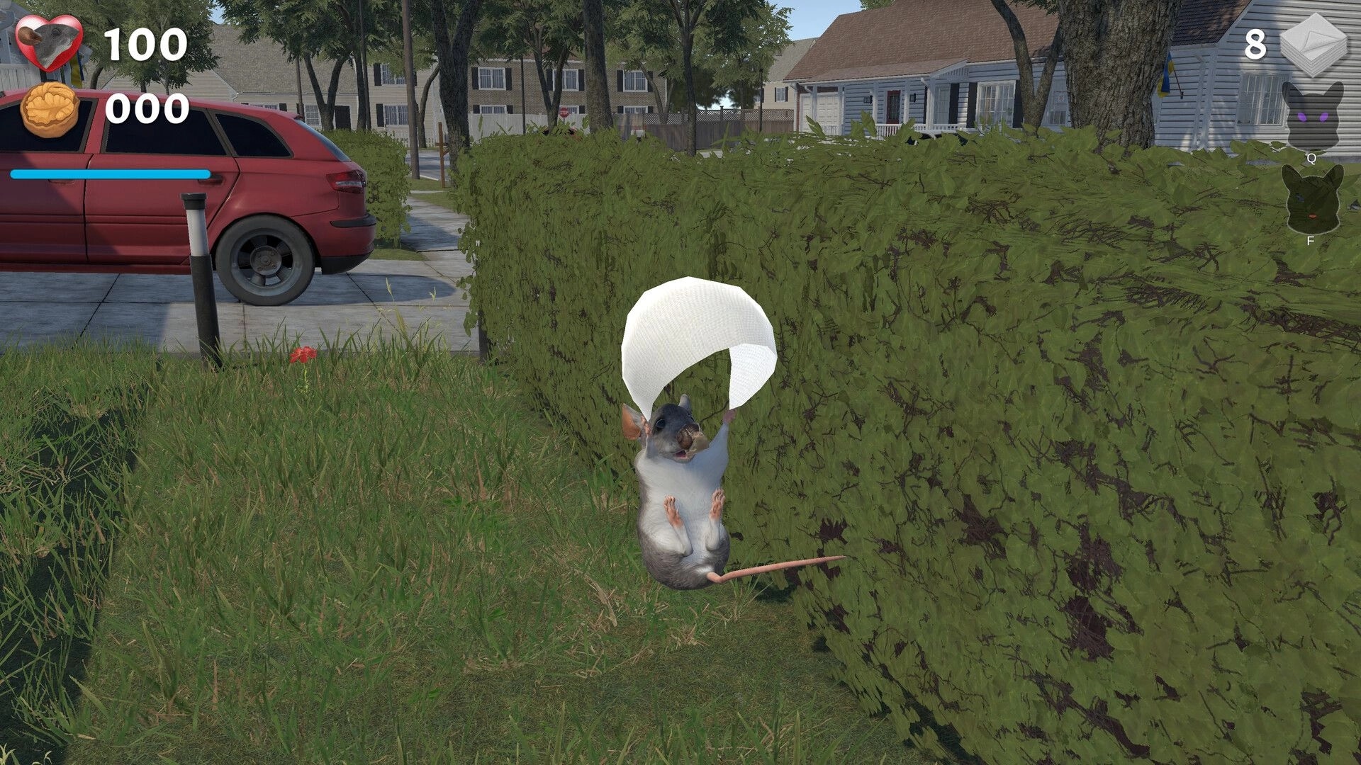 I Am Mouse: Mouse holding a white parachute by hedges in a suburban street with HUD icons visible.